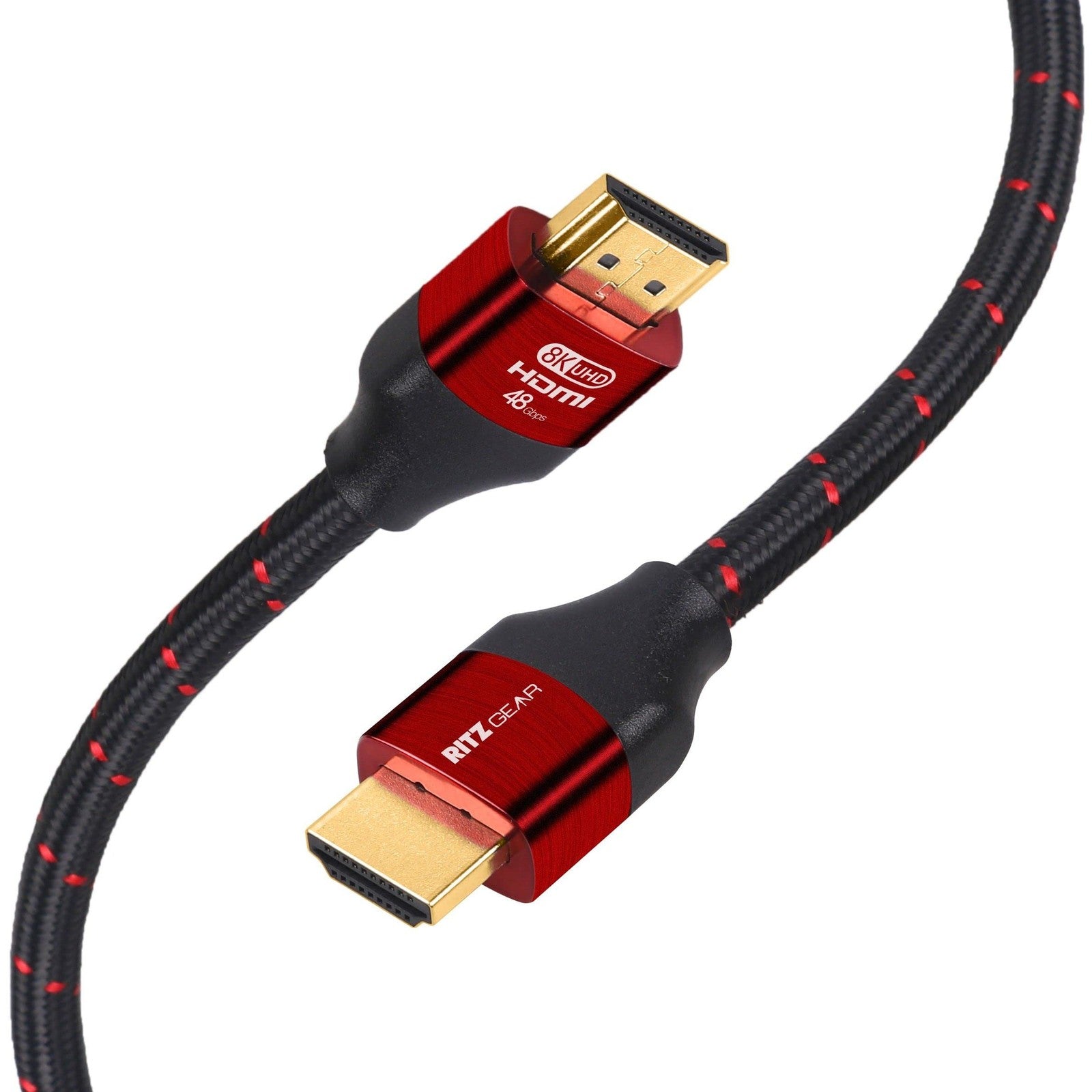 Two Ritz Gear 8K HDMI 2.1 cables, 9.8 ft, braided nylon, high-speed 48 Gbps, perfect for ultra HD video connections.