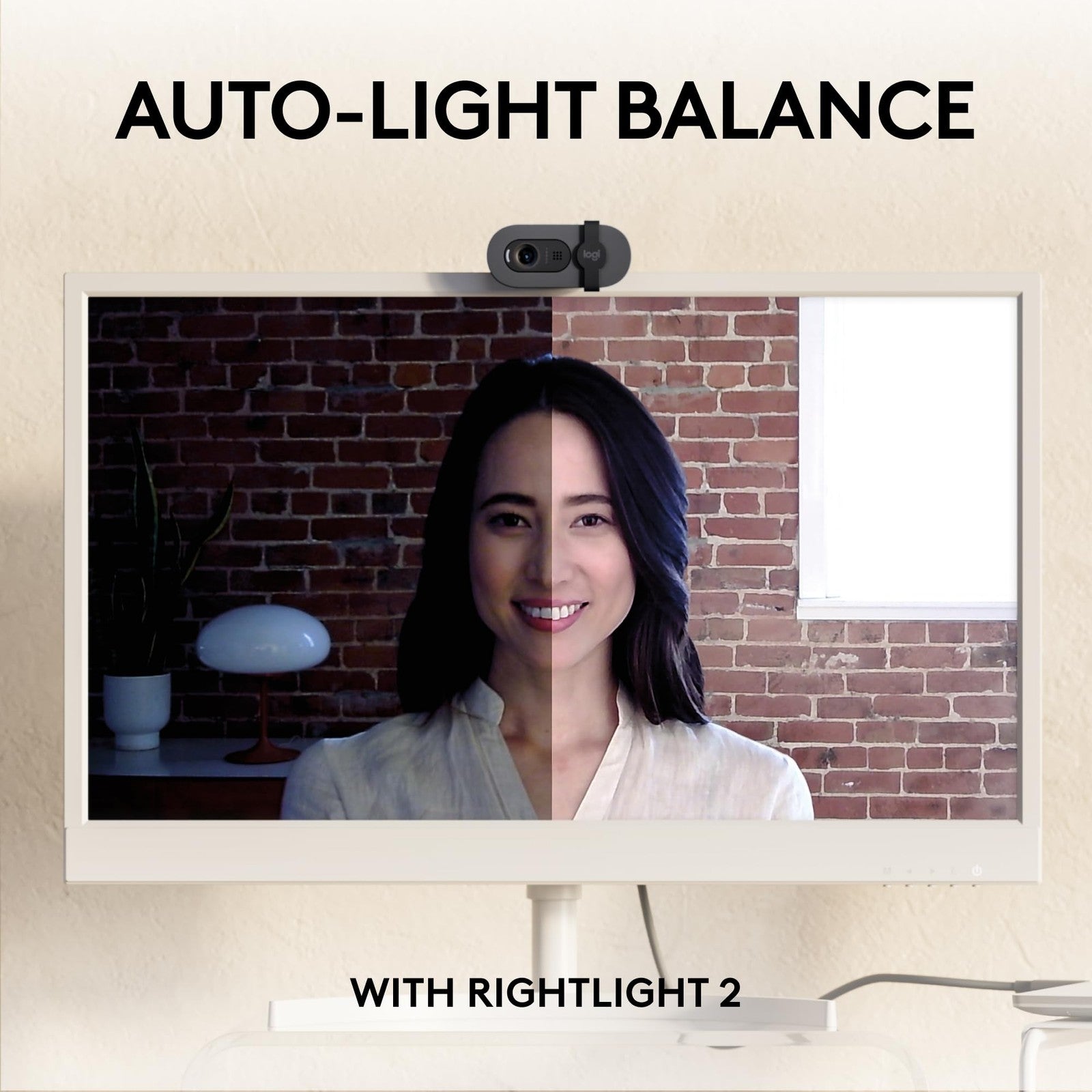 Logitech Brio 105 Full HD 1080p business webcam with auto-light balance, USB-A connection, showing front view with lens and microphone
