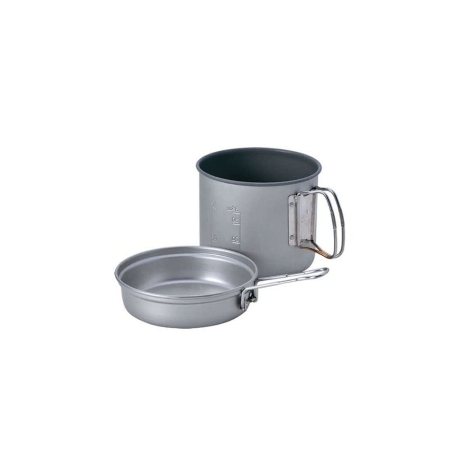 Snow Peak Trek 1400 aluminum cookset with pots and lids, ideal for camping and outdoor cooking adventures