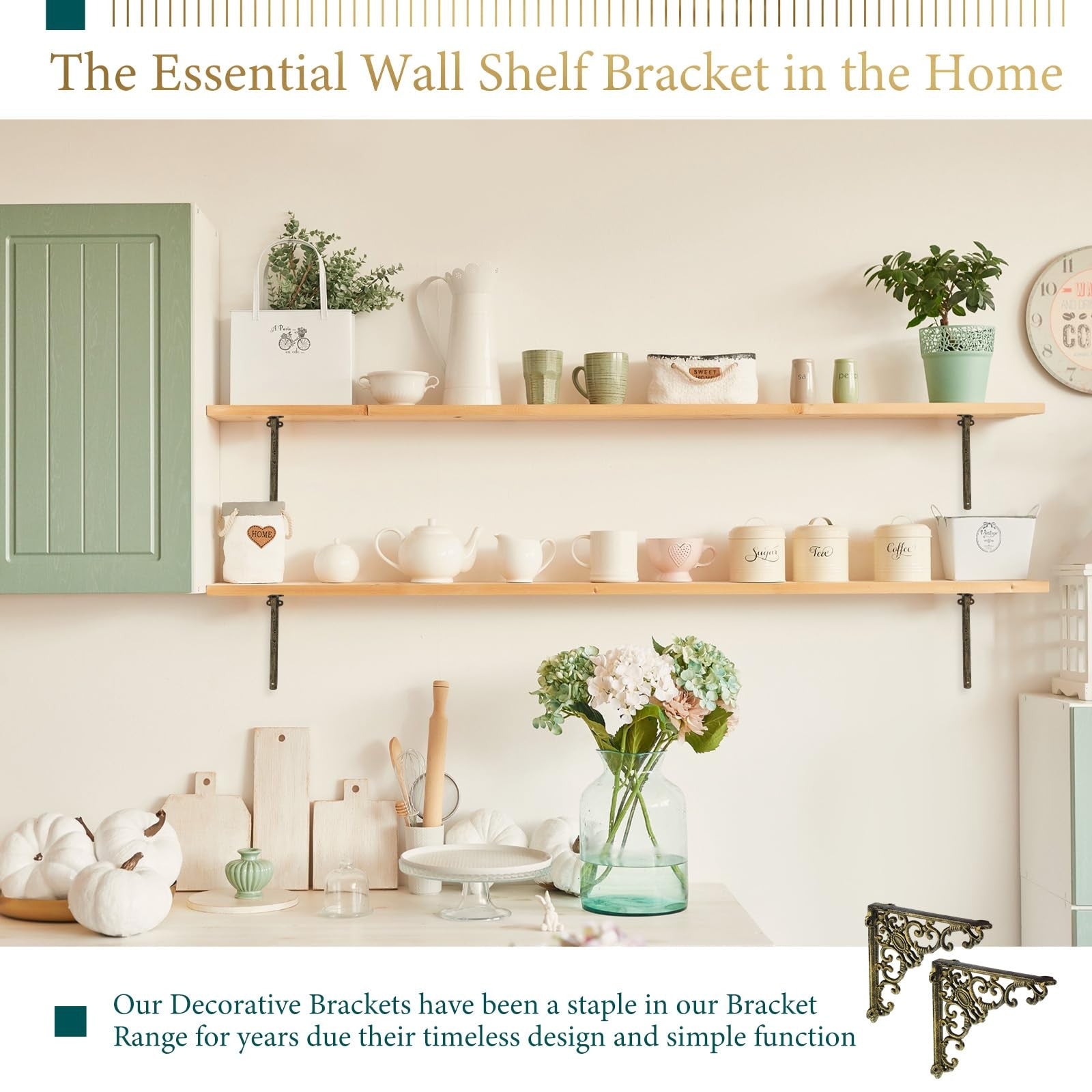 Lounsweer 4-piece heavy-duty antique brass shelf brackets mounted on a wall, supporting a wooden shelf for sturdy storage.