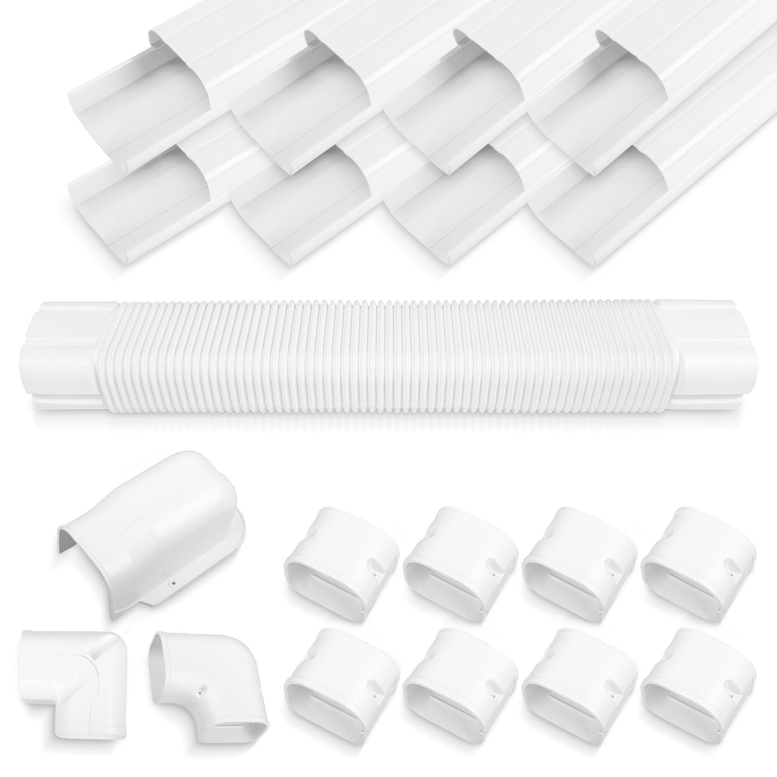White MOOITEK 13.5ft PVC line set cover kit for mini split central AC heat pumps, protecting and concealing refrigerant lines.