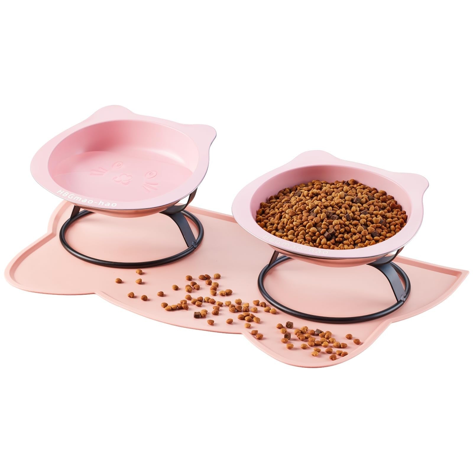 Elevated stainless steel cat bowls with food mat and metal stand, measuring 7.1 inches wide, by HBGmao-hao.