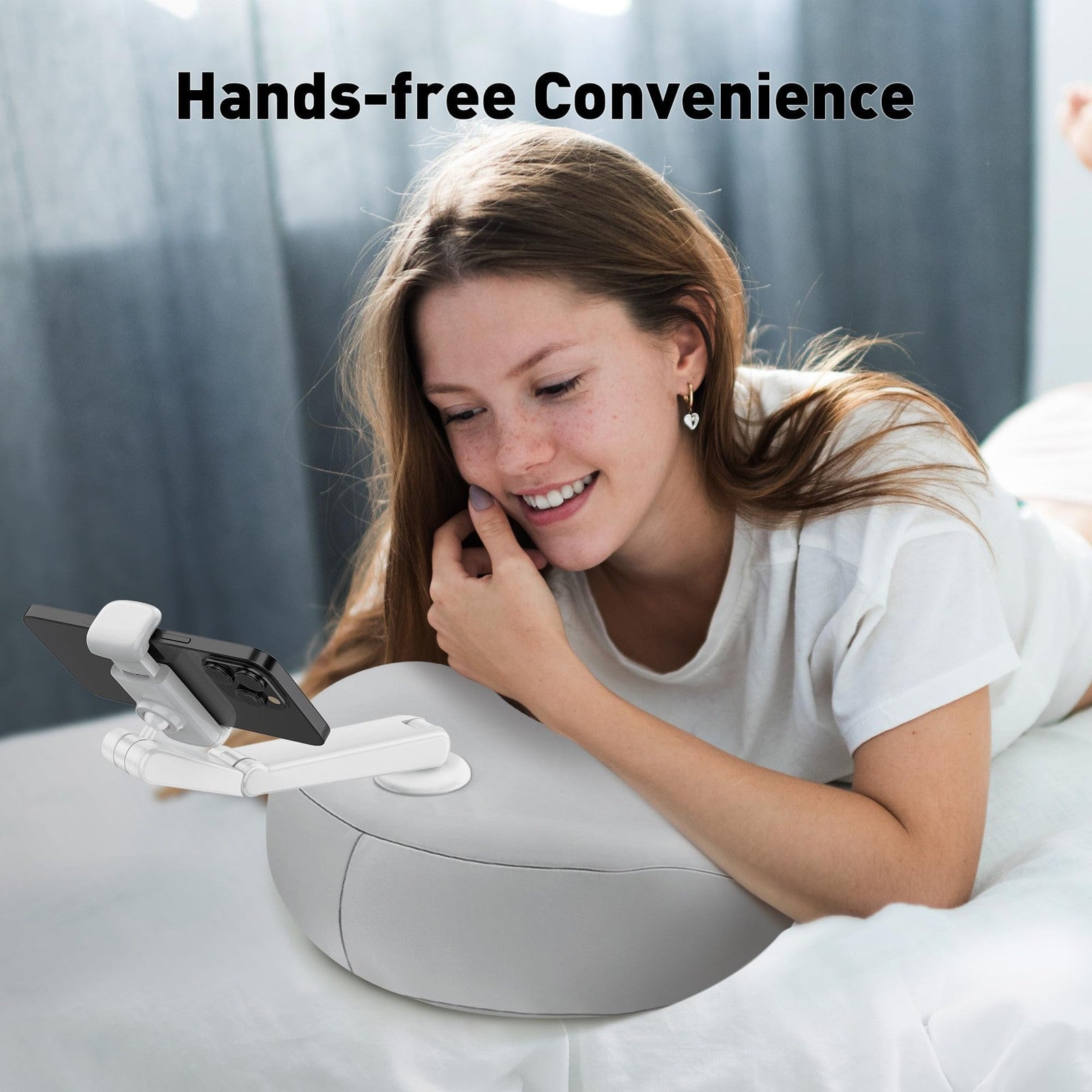 Flexible arm pillow phone holder for bed from Desklogics, 360-degree rotating design with a soft pillow support for hands-free use.