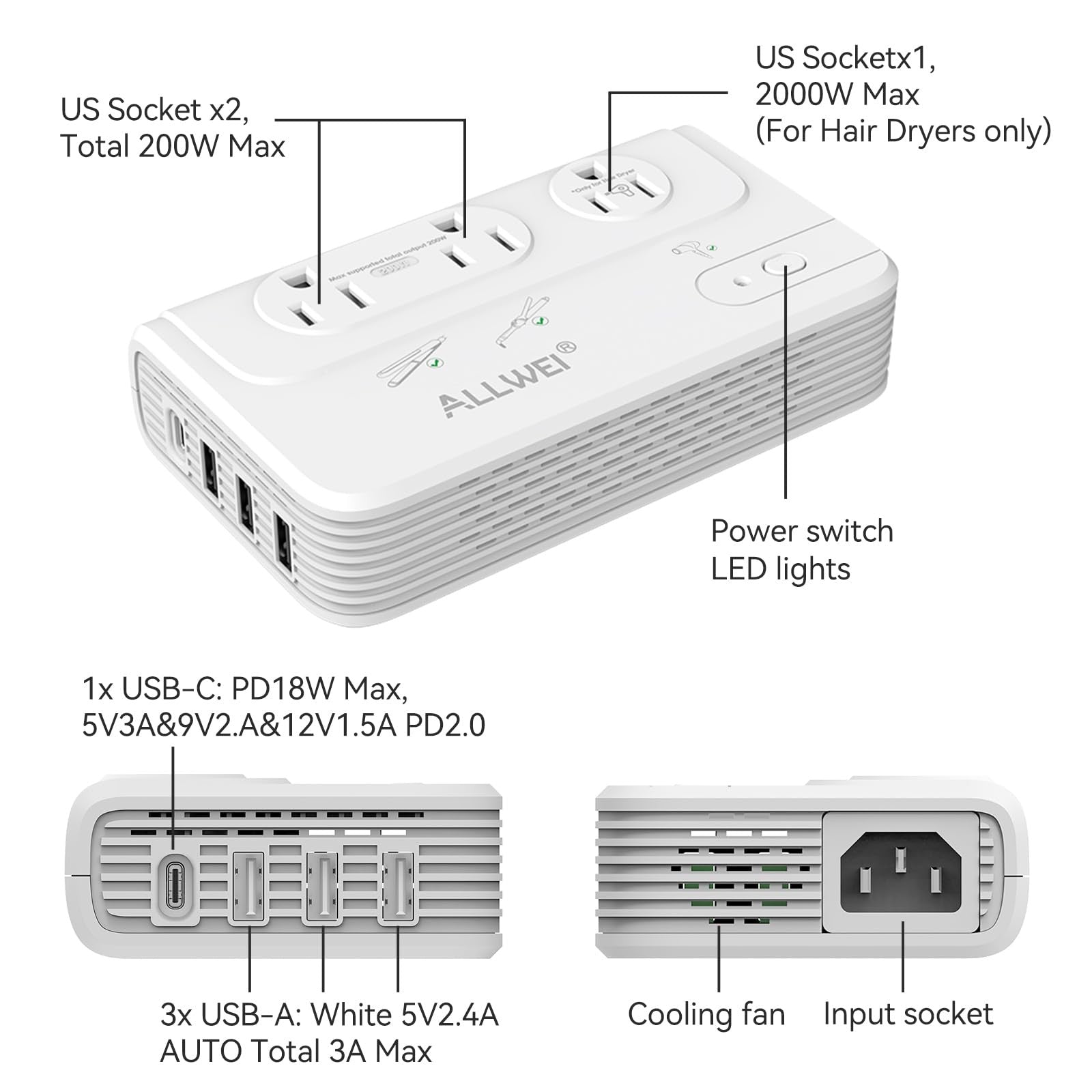 ALLWEI 2000W travel voltage converter converting 220V to 110V for European travel, shown with power plug and control panel.