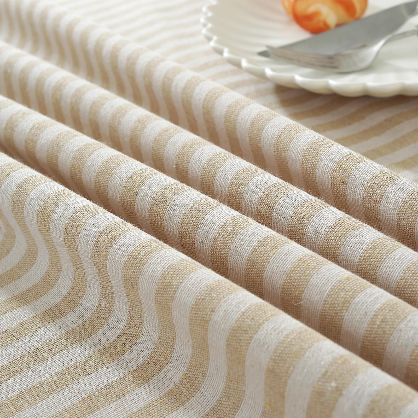 Beige striped cotton blend Meioro table cloth with tassels, dust-proof, for everyday dining or special occasions.