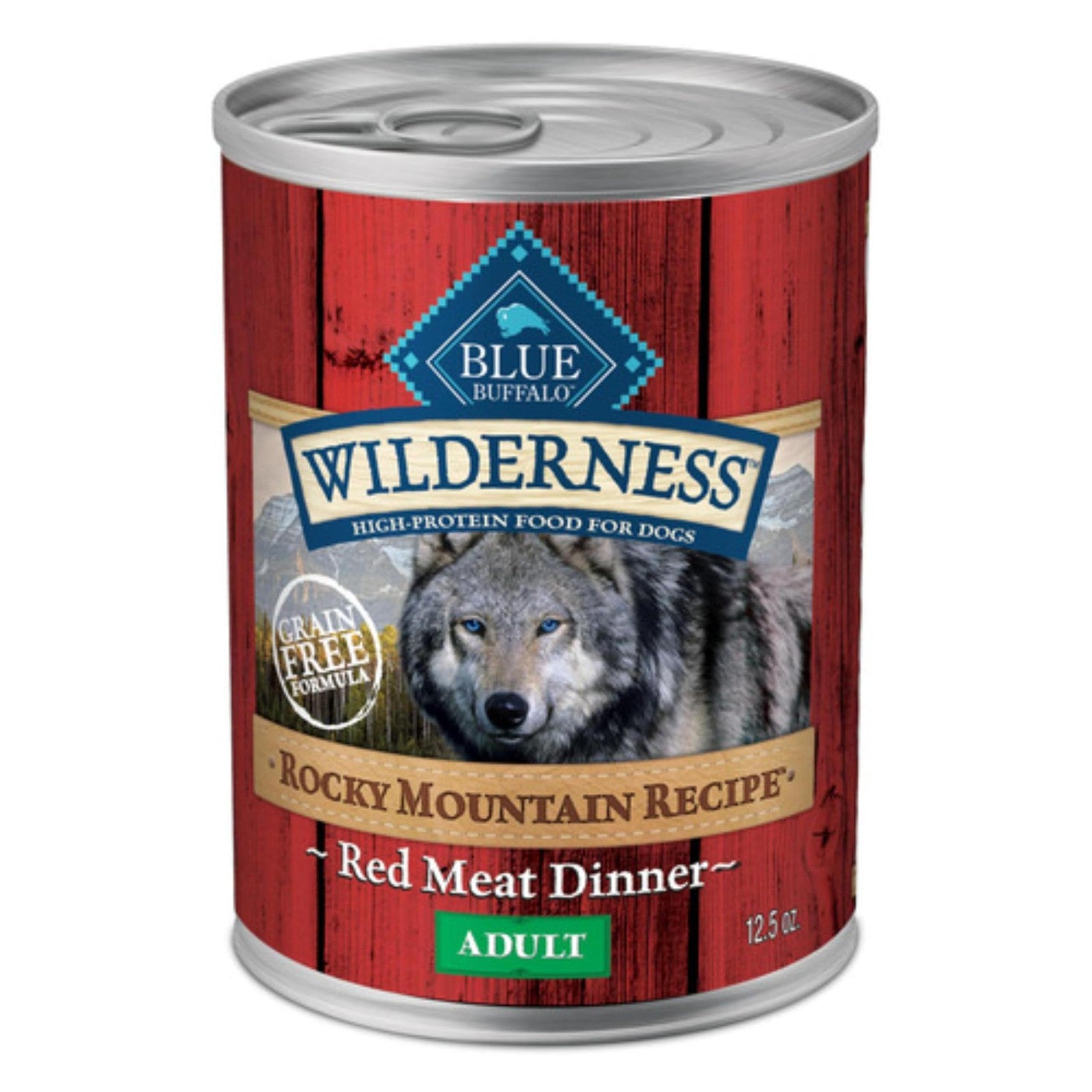 Blue Buffalo Wilderness adult wet dog food in red meat paté, grain-free, 12-pack, showing cans with blue labels and red meat flavor.