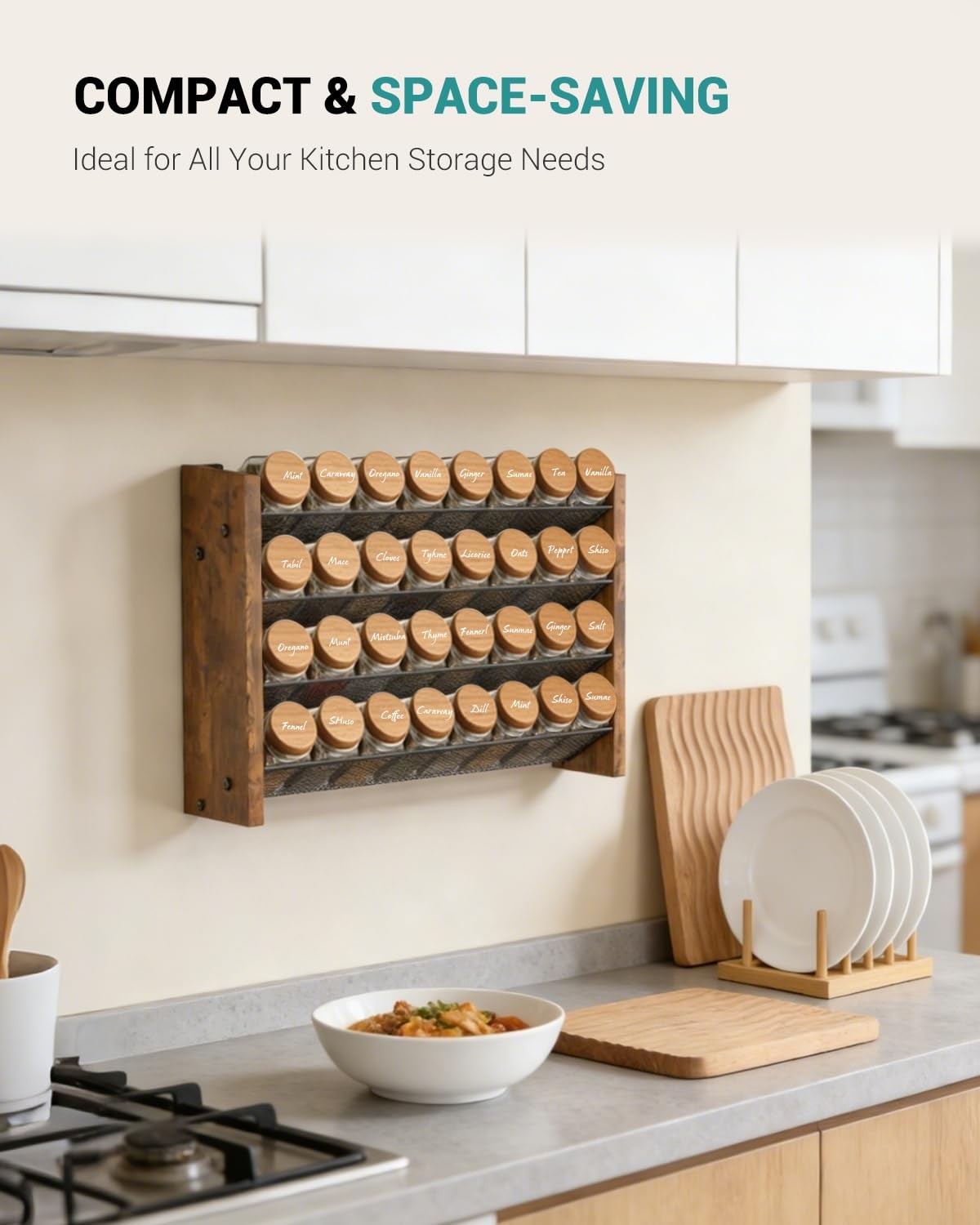 NESAPTO wooden 4-tier spice rack organizer mounted on kitchen cabinet wall for pantry storage, with spice jars and bottles.