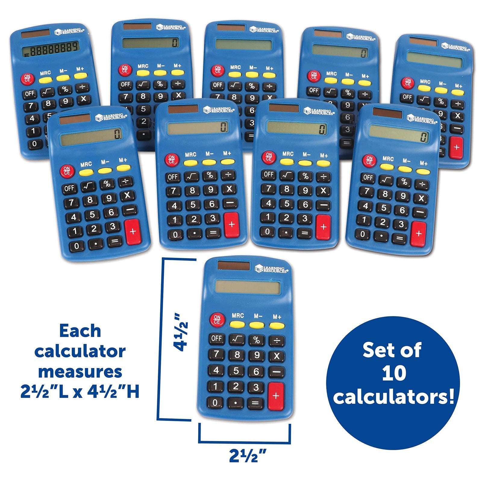 Learning Resources primary calculator with solar panel and battery, featuring basic arithmetic functions for students.