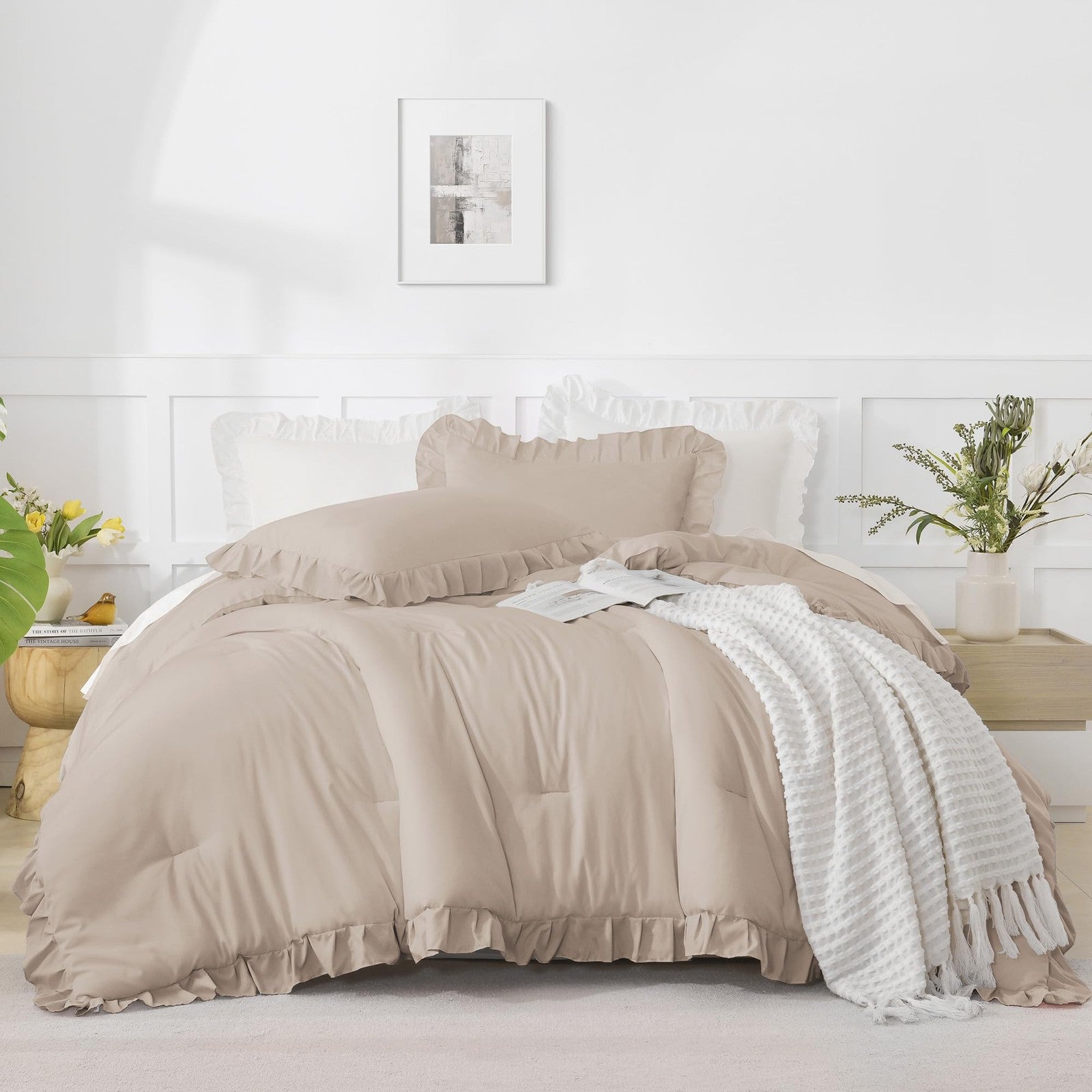 Andency khaki farmhouse comforter set with ruffle details, including three full-size pieces for shabby chic bedroom decor.