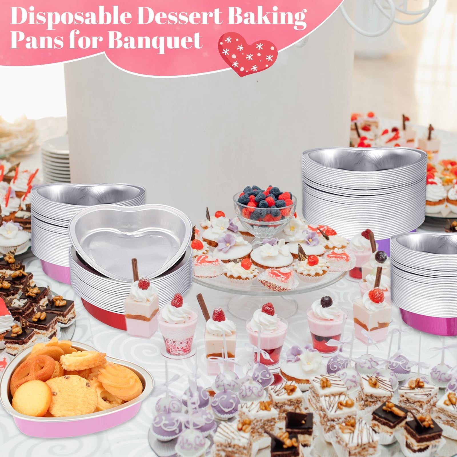 Fainne 20 sets of 5-inch aluminum foil heart-shaped cake pans for Valentine’s Day, showing shiny, reusable bakeware with clear edges.