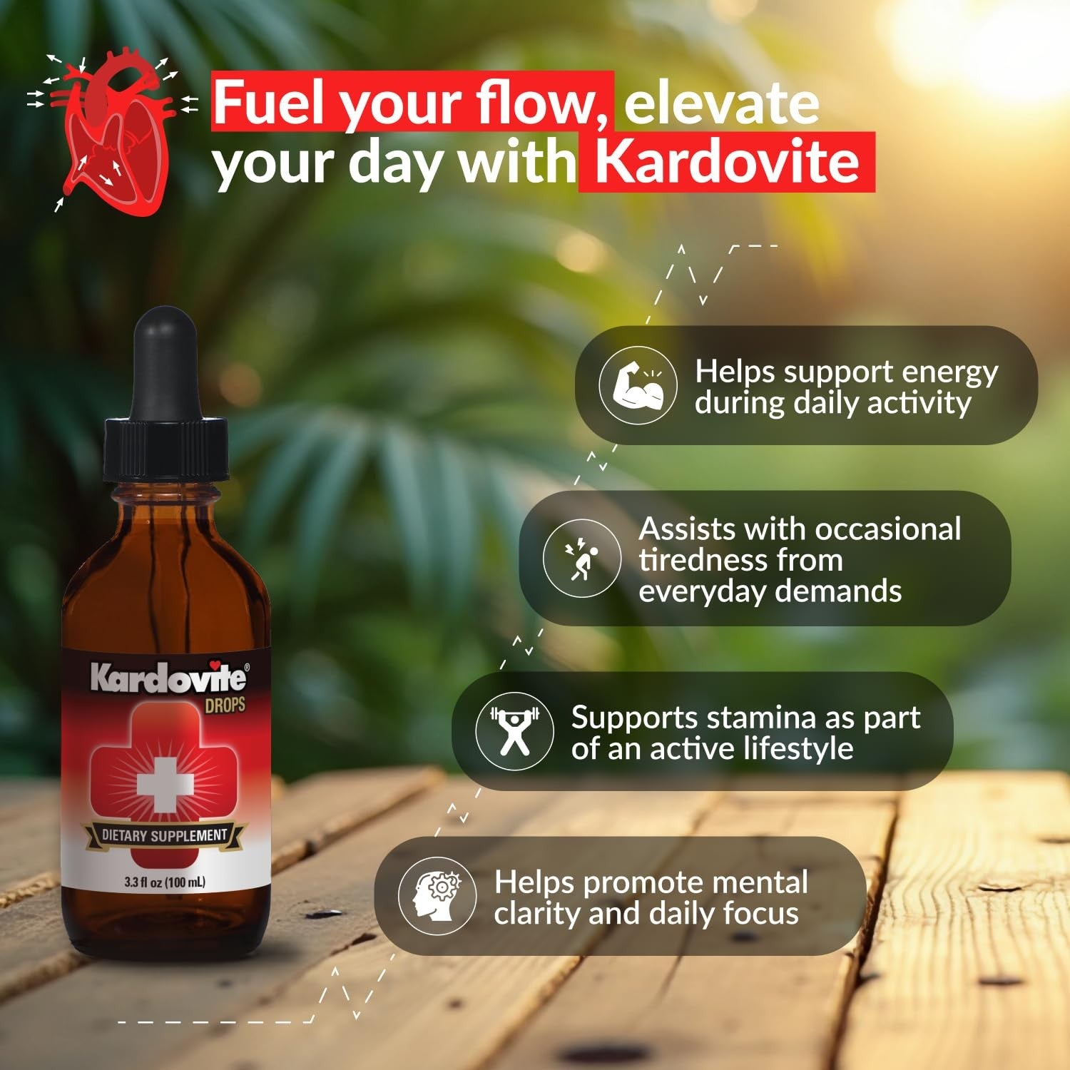 Kardovite Herbal Circulation Support Drops 100ml bottle with dropper showing herbal ingredients and packaging for circulatory wellness