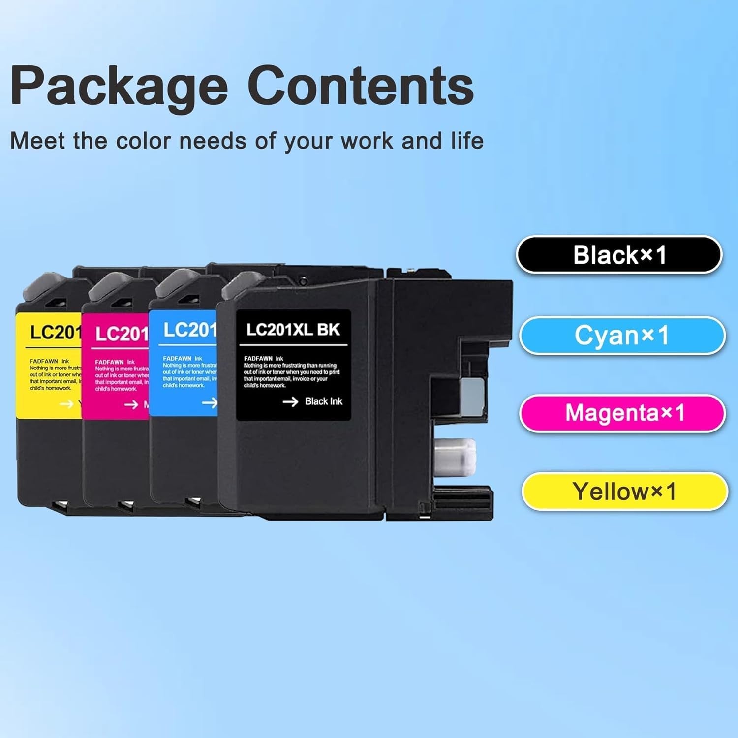 Set of four FADFAWN LC201 color ink cartridges in black, cyan, magenta, and yellow for Brother MFC-J460DW printer.