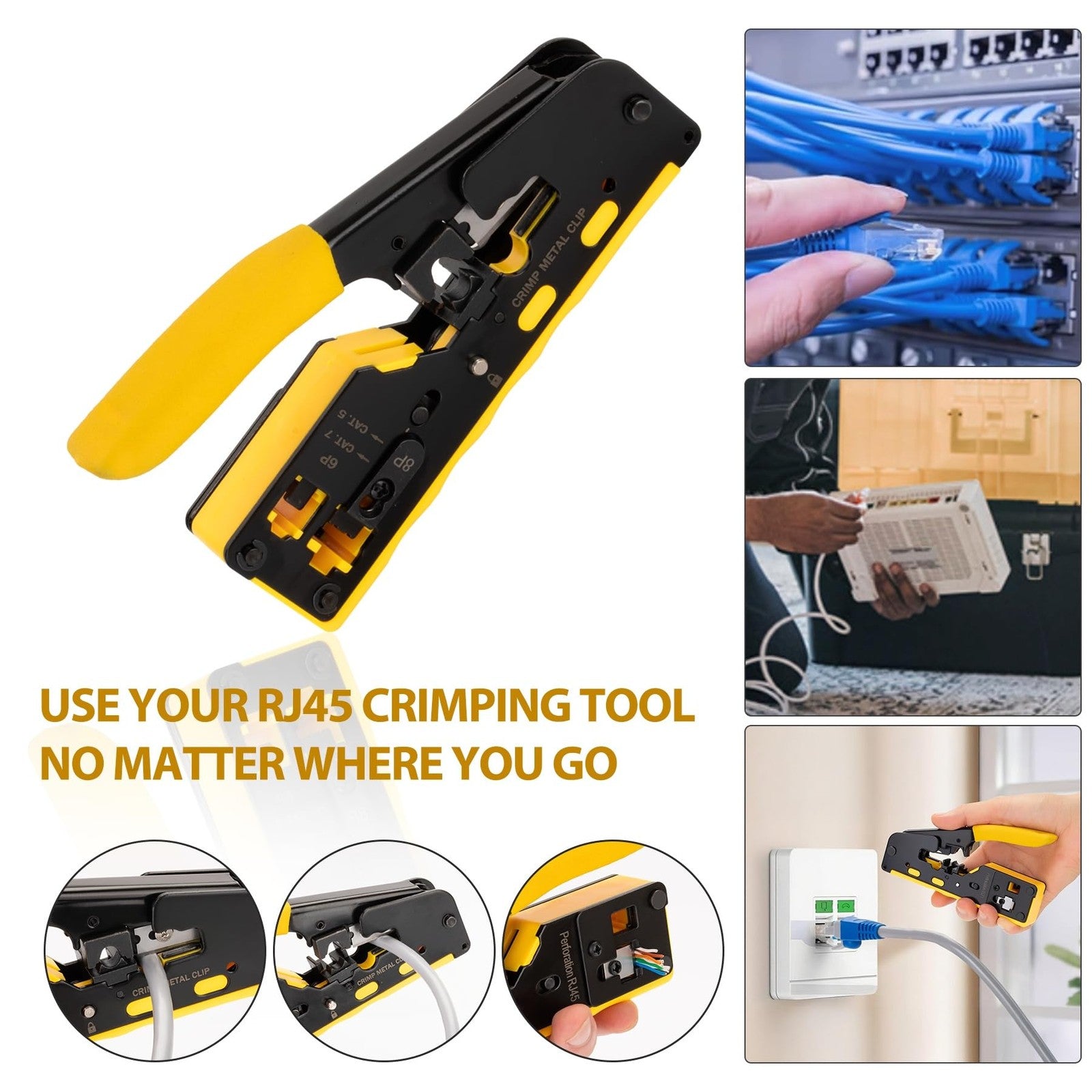 WEETOTUNG RJ45 crimp tool pass-through kit with ergonomic handle and Ethernet connectors for professional network cable termination.