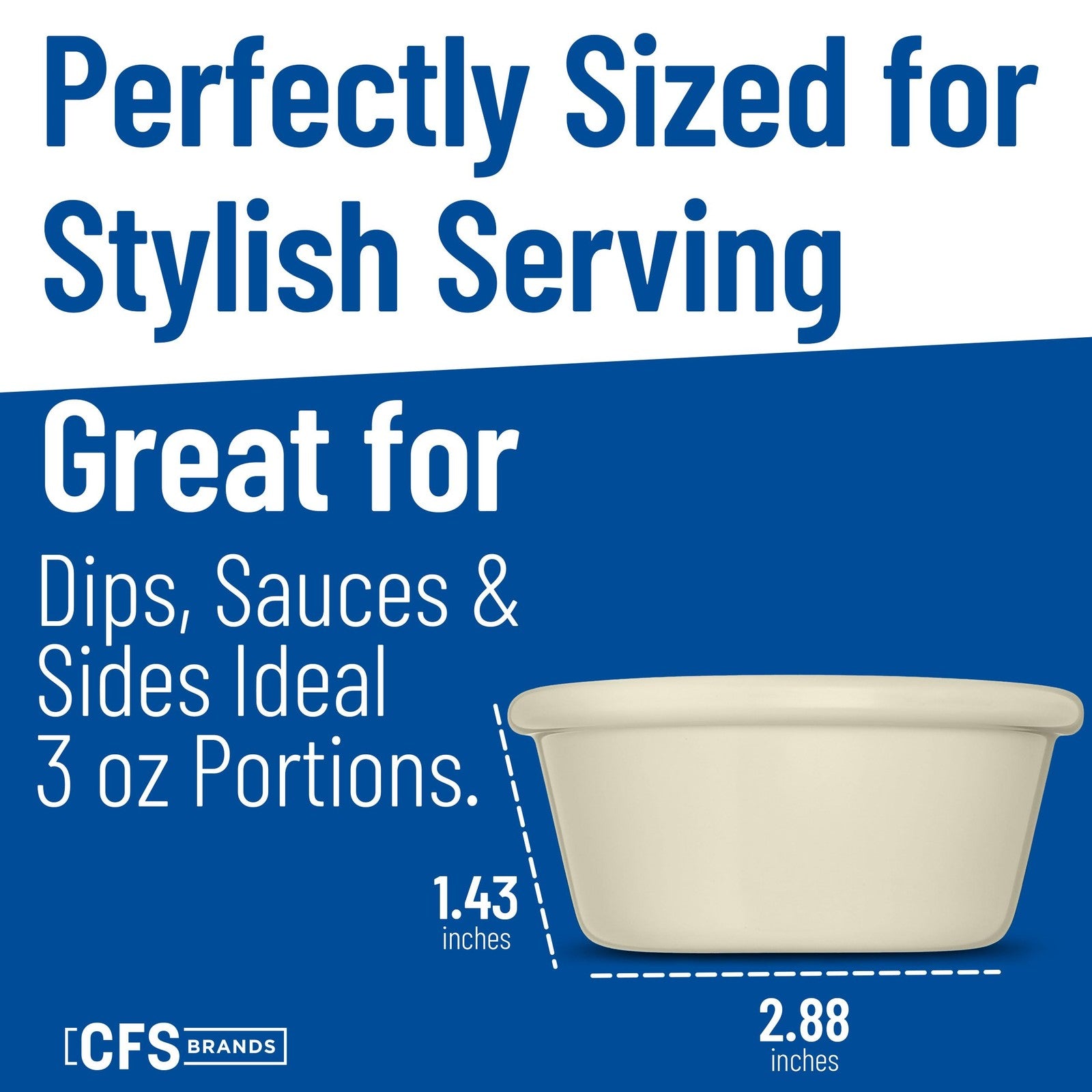 Carlisle Foodservice Products plastic ramekins sauce bowl for catering and kitchen use, showing clear, durable plastic with sauce inside.