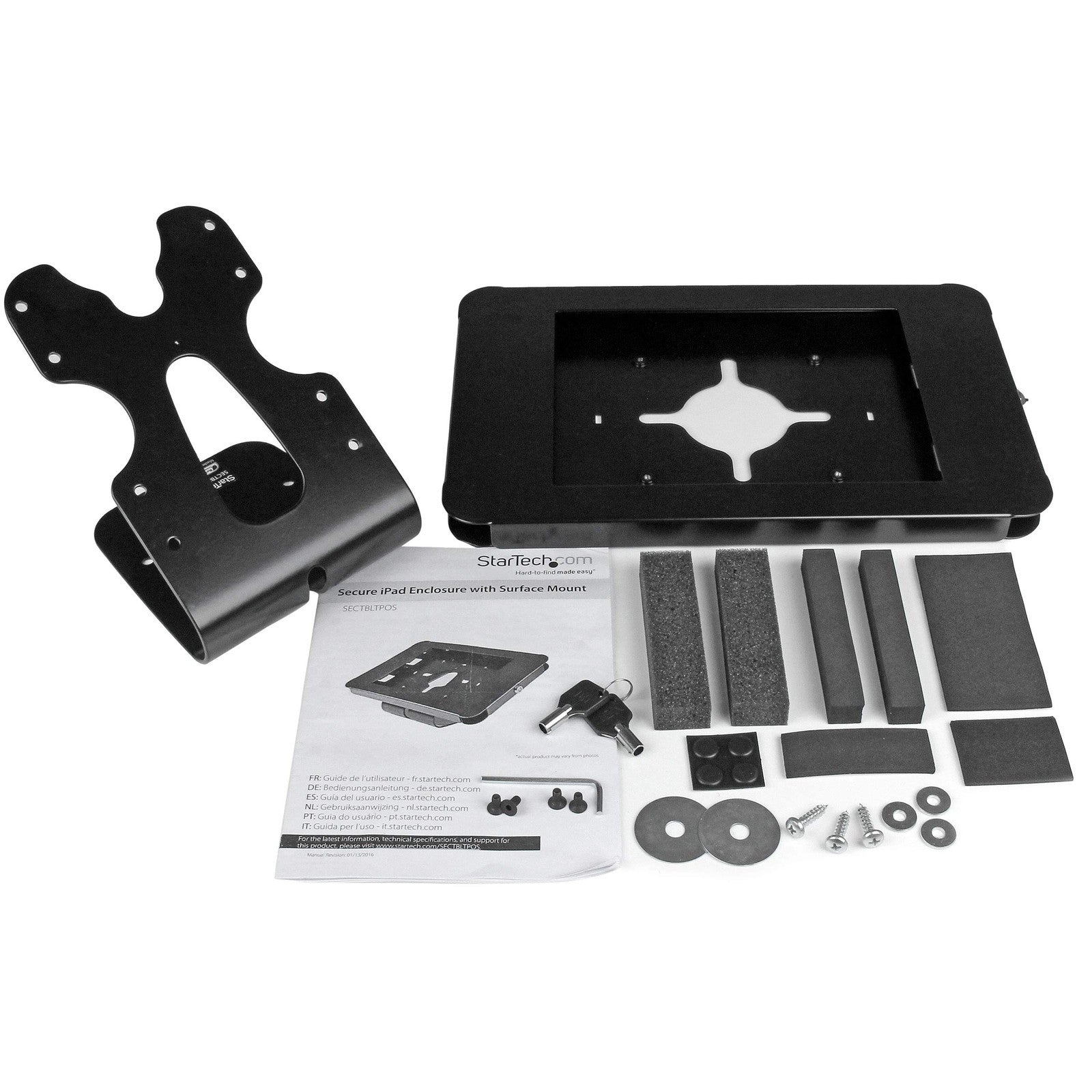 StarTech.com secure lockable steel tablet enclosure stand with wall-mount and anti-theft features for desk or wall use.