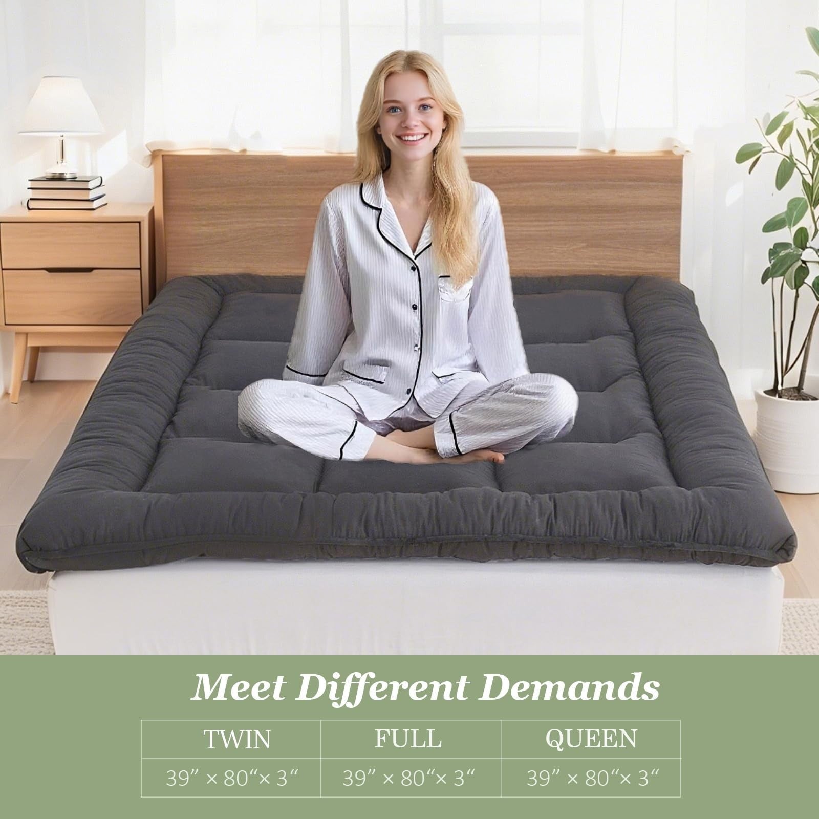 Shouren Japanese foldable grey futon mattress rolled up, portable floor mattress for sleeping or lounging.