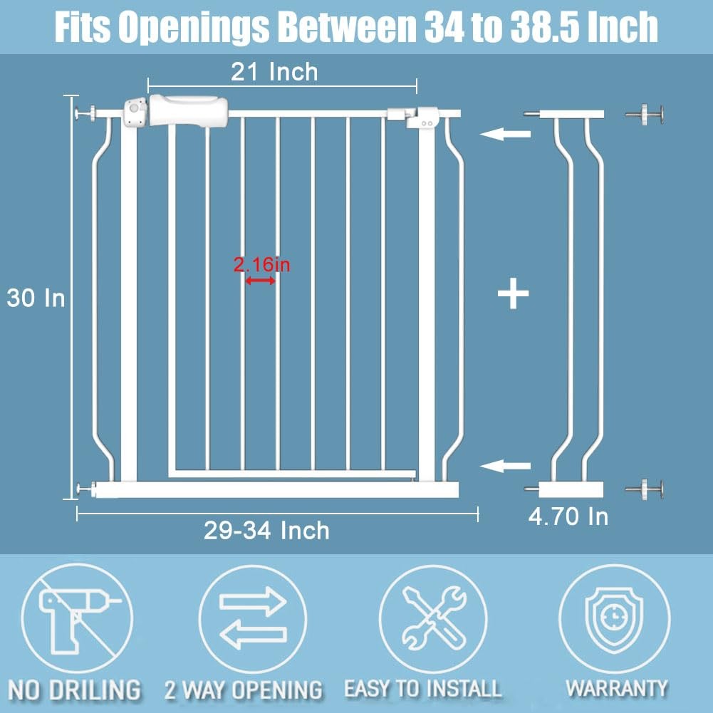 Flower Frail extra wide baby gate extension, pressure-mounted, fits 34-38.5 inch openings, shown installed in a home doorway.