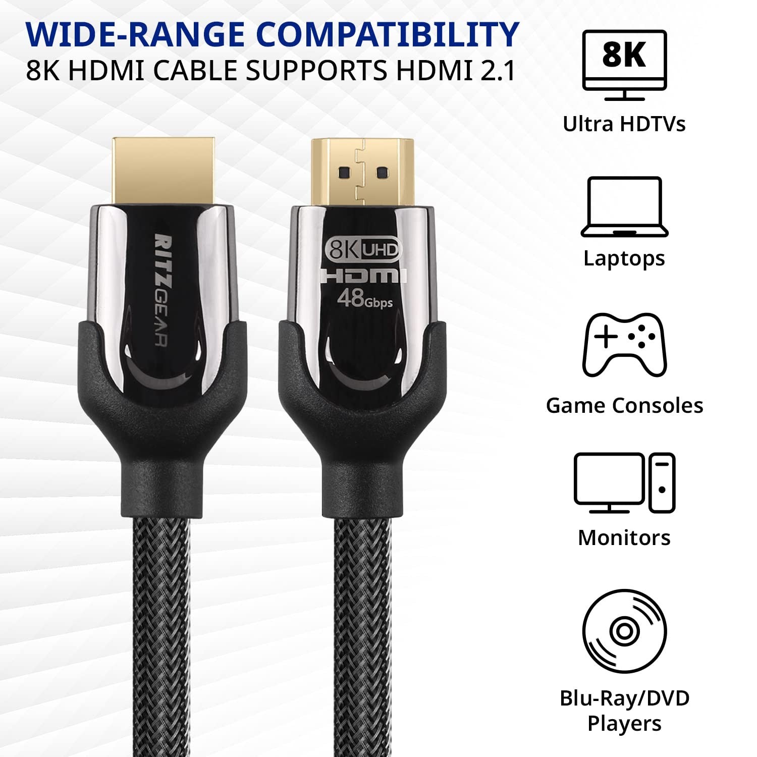 Ritz Gear 8K HDMI 2.1 cable, 6 ft., braided nylon, ultra high speed 48 Gbps, black digital video and audio cord