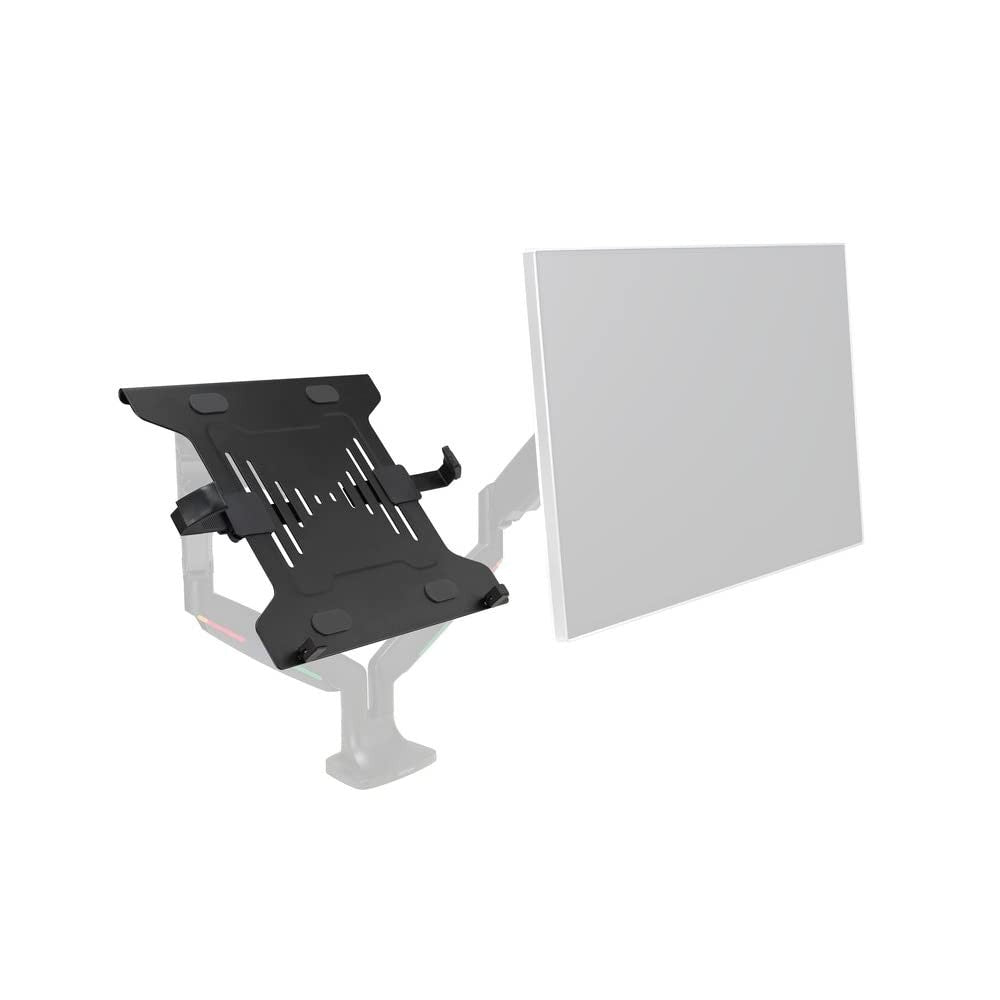 Kensington laptop holder for VESA-mount monitor arms, supporting slim laptops with adjustable design and secure attachment.