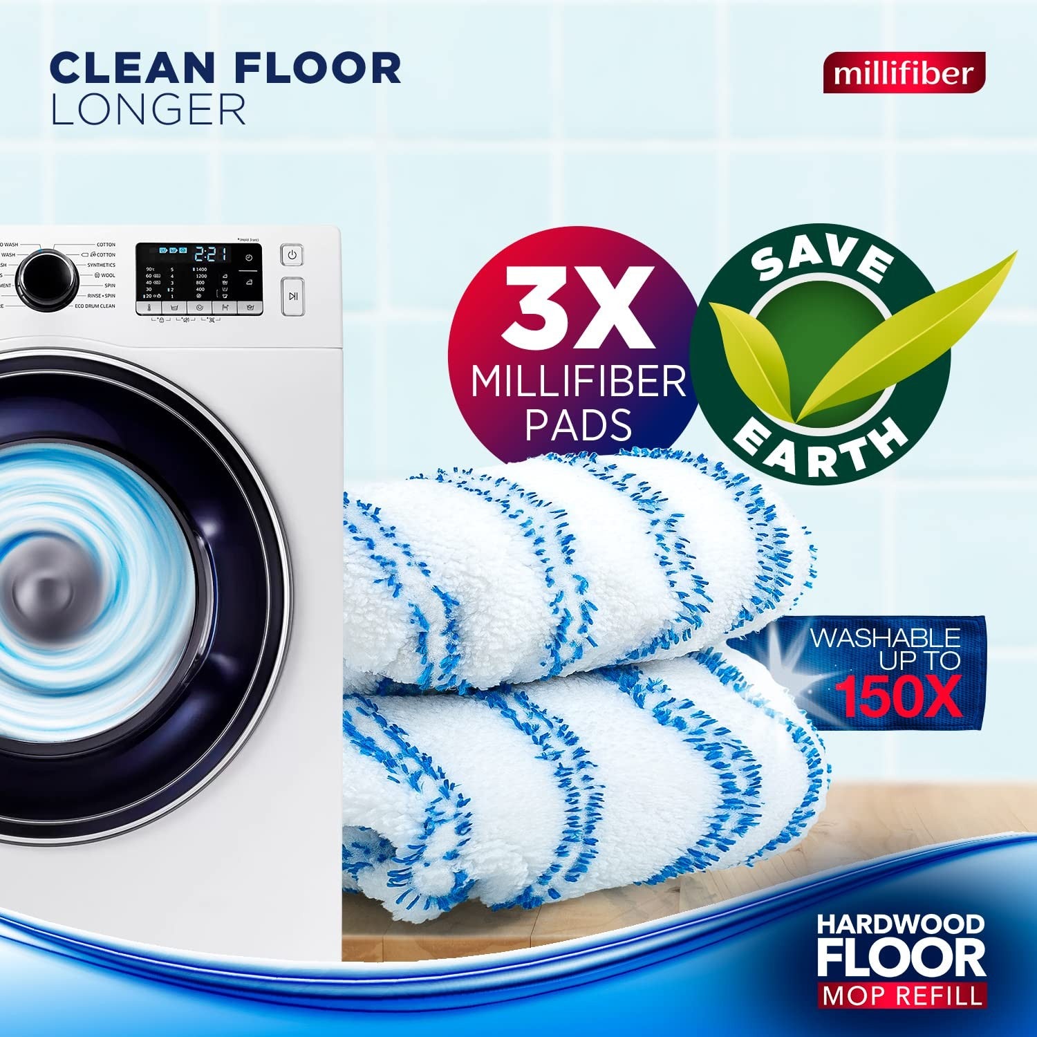 Millifiber microfiber mop refills, 15x8 inches, three-pack, compatible with O-Cedar, shown with clean microfiber mop heads.