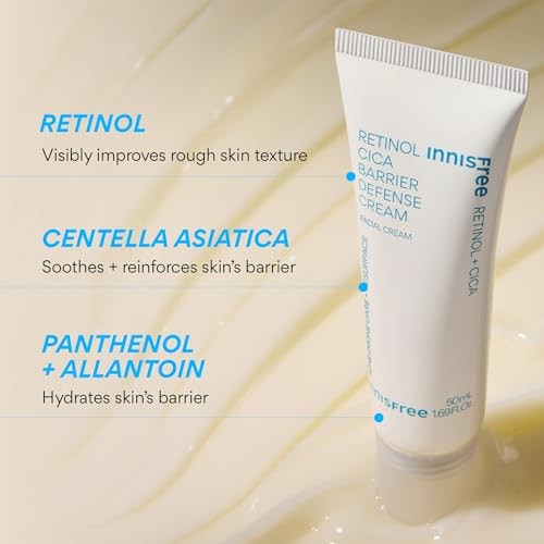 Innifree Retinol Cica Barrier Cream jar with green and white packaging, featuring madecassoside and retinol for soothing skincare.