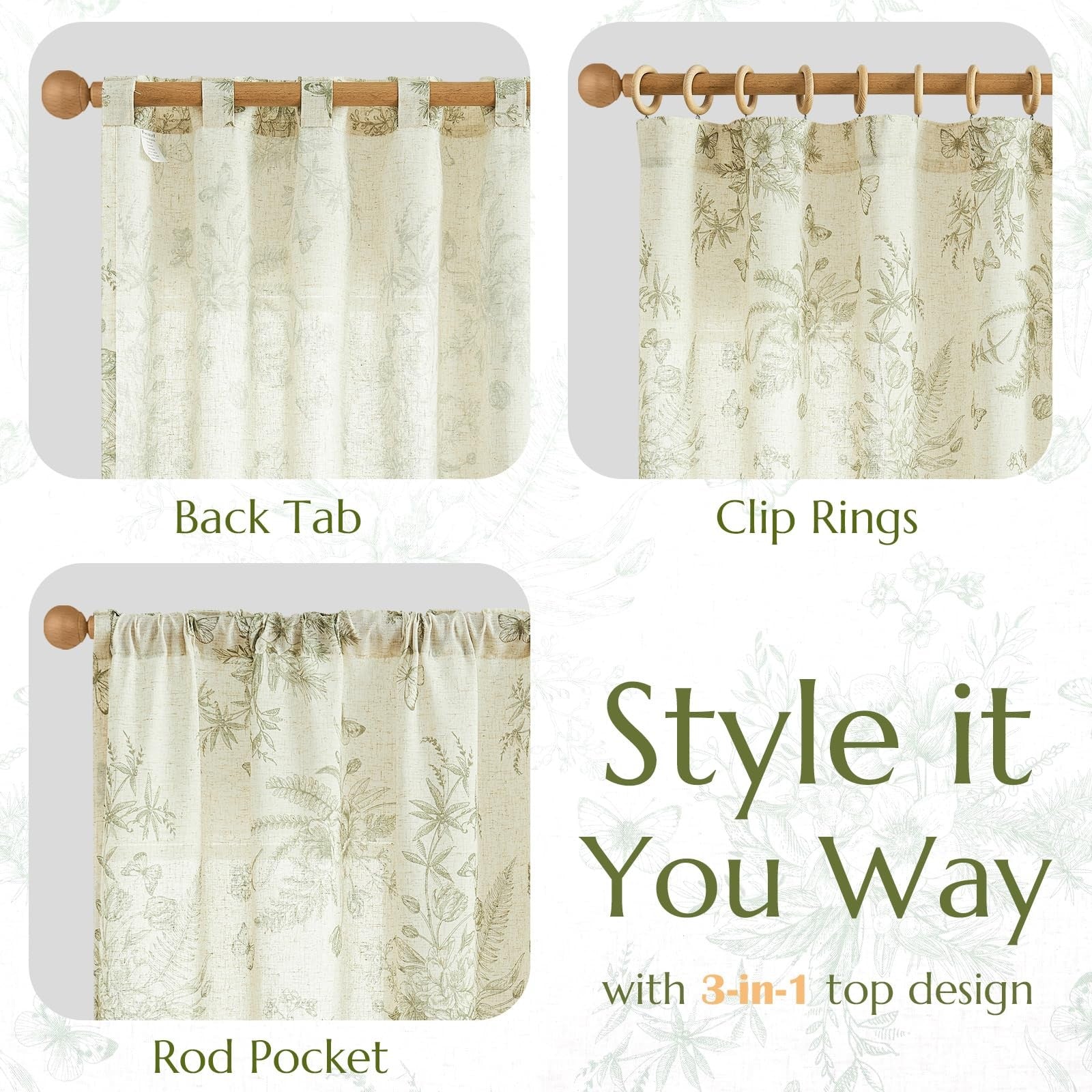 jinchan linen floral curtains for living room, sage green farmhouse style, 84-inch length with elegant floral pattern