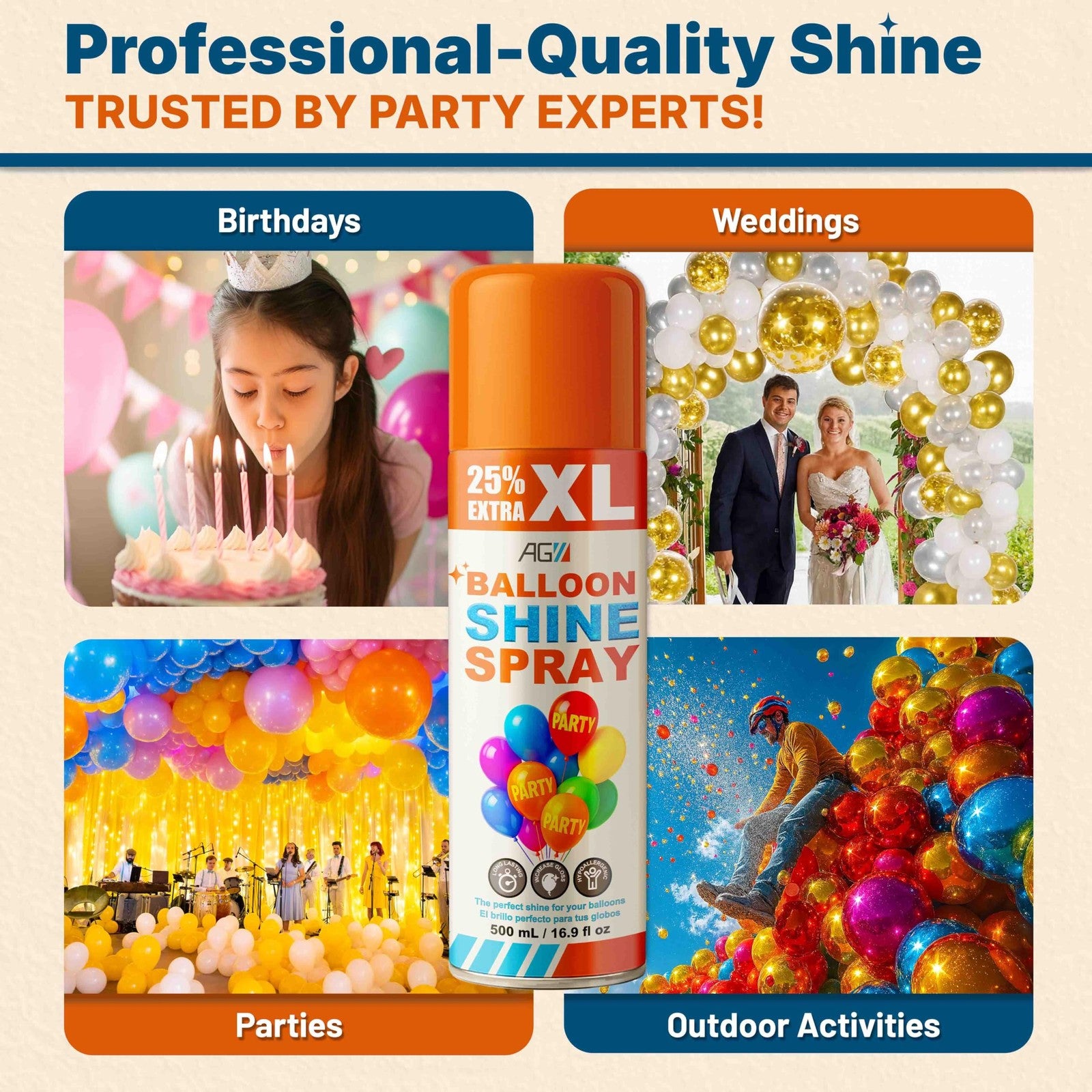 ag Adhesive Guru Balloon Shine Spray for latex balloons, high gloss finish, 3-pack of 16.9 fl oz bottles, enhances balloon shine and appearance