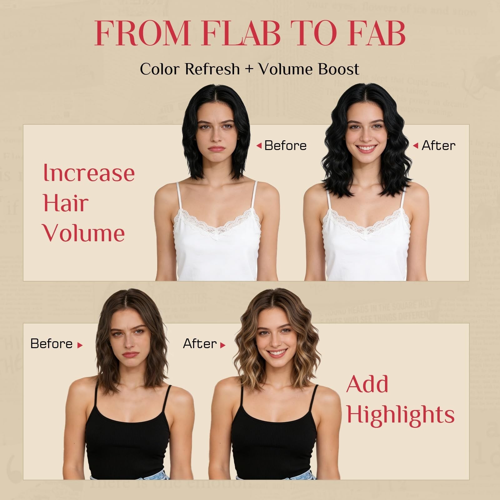 Rich Choices short clip-in hair extensions with real human hair, featuring wavy and curly styles in a set of six.