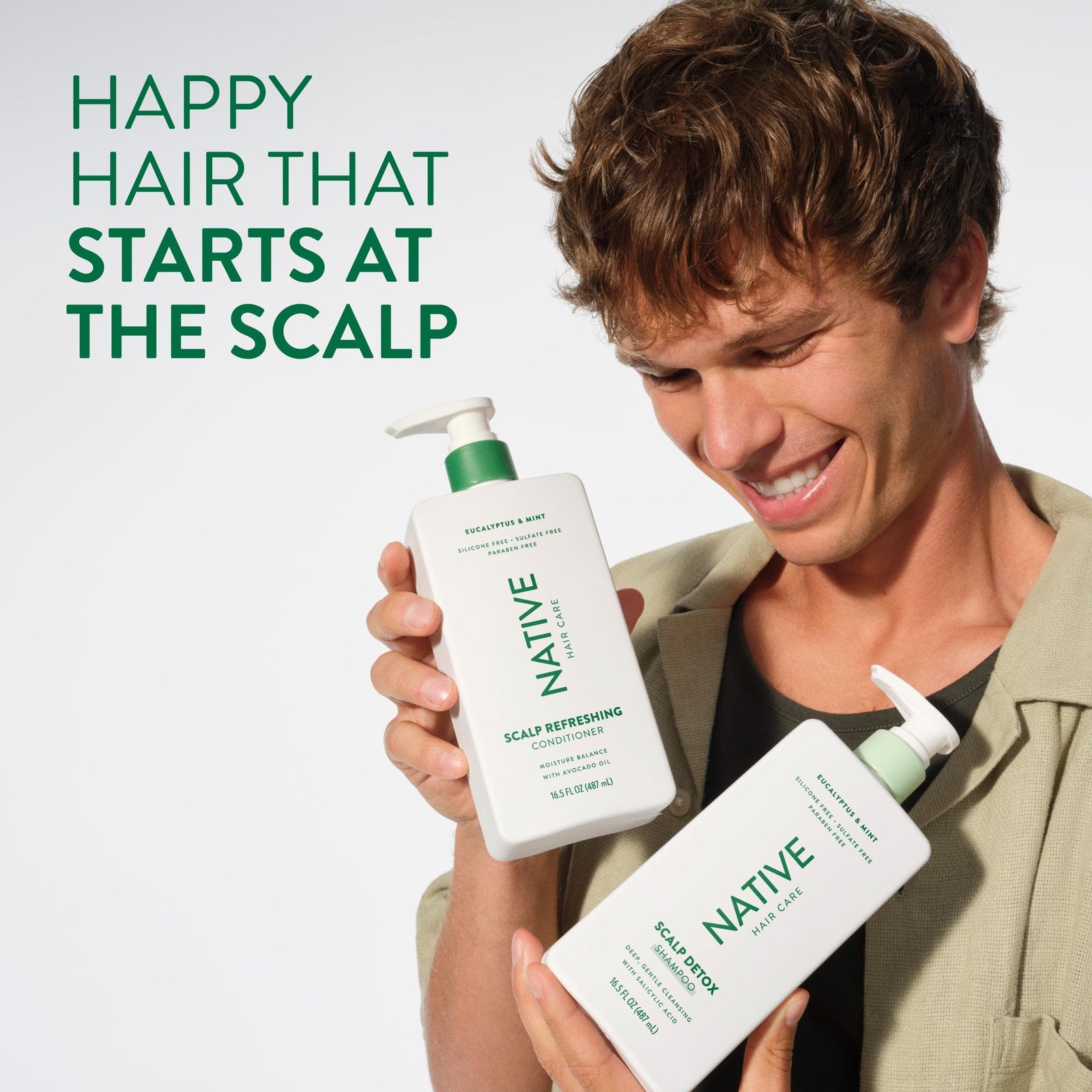 Native Scalp Detox Shampoo and Conditioner with eucalyptus and mint, natural ingredients, shown in bottles on a clean surface.