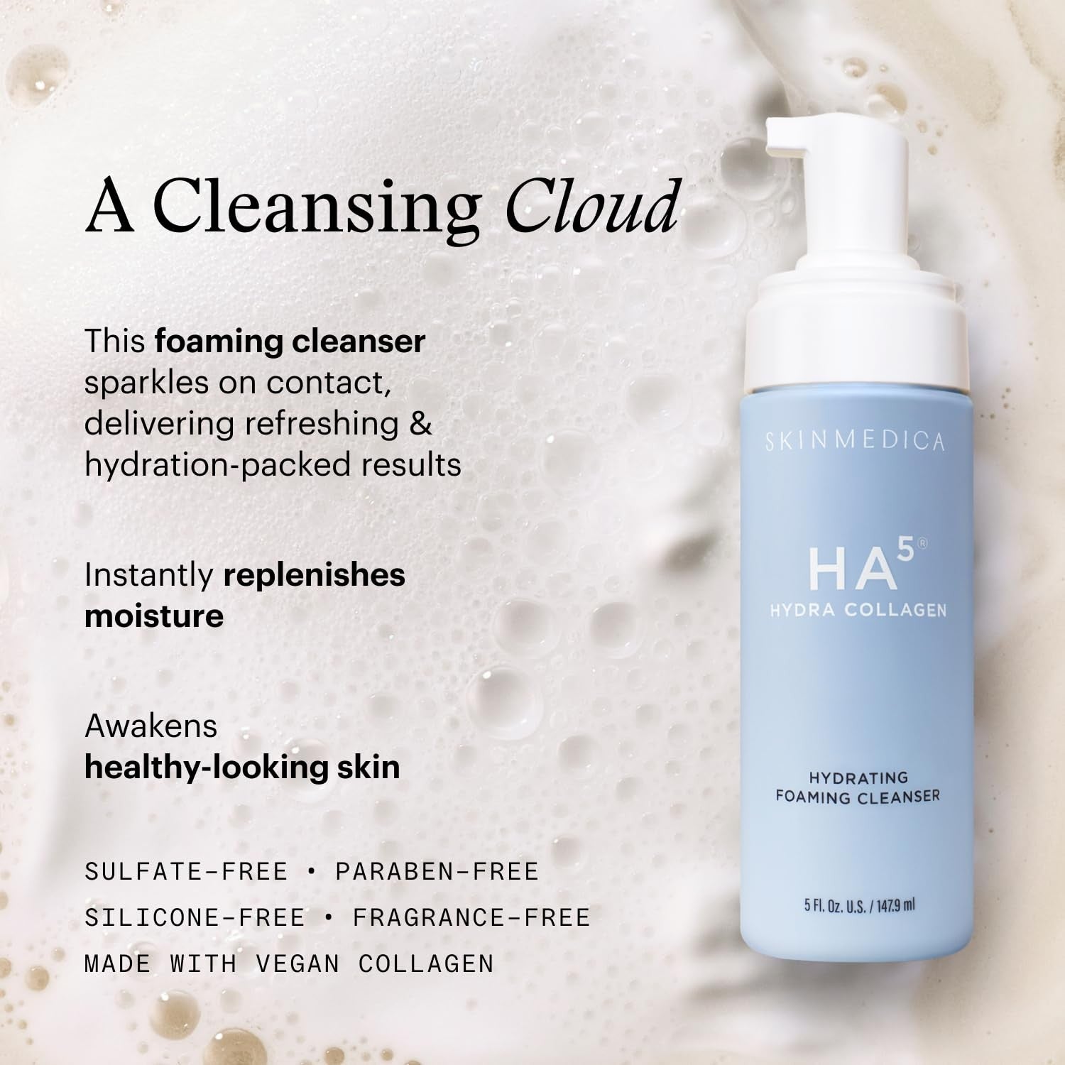 SkinMedica HA5 Hydra Collagen Hydrating Foaming Cleanser with vegan collagen, showing the white foaming cleanser in a clear bottle.