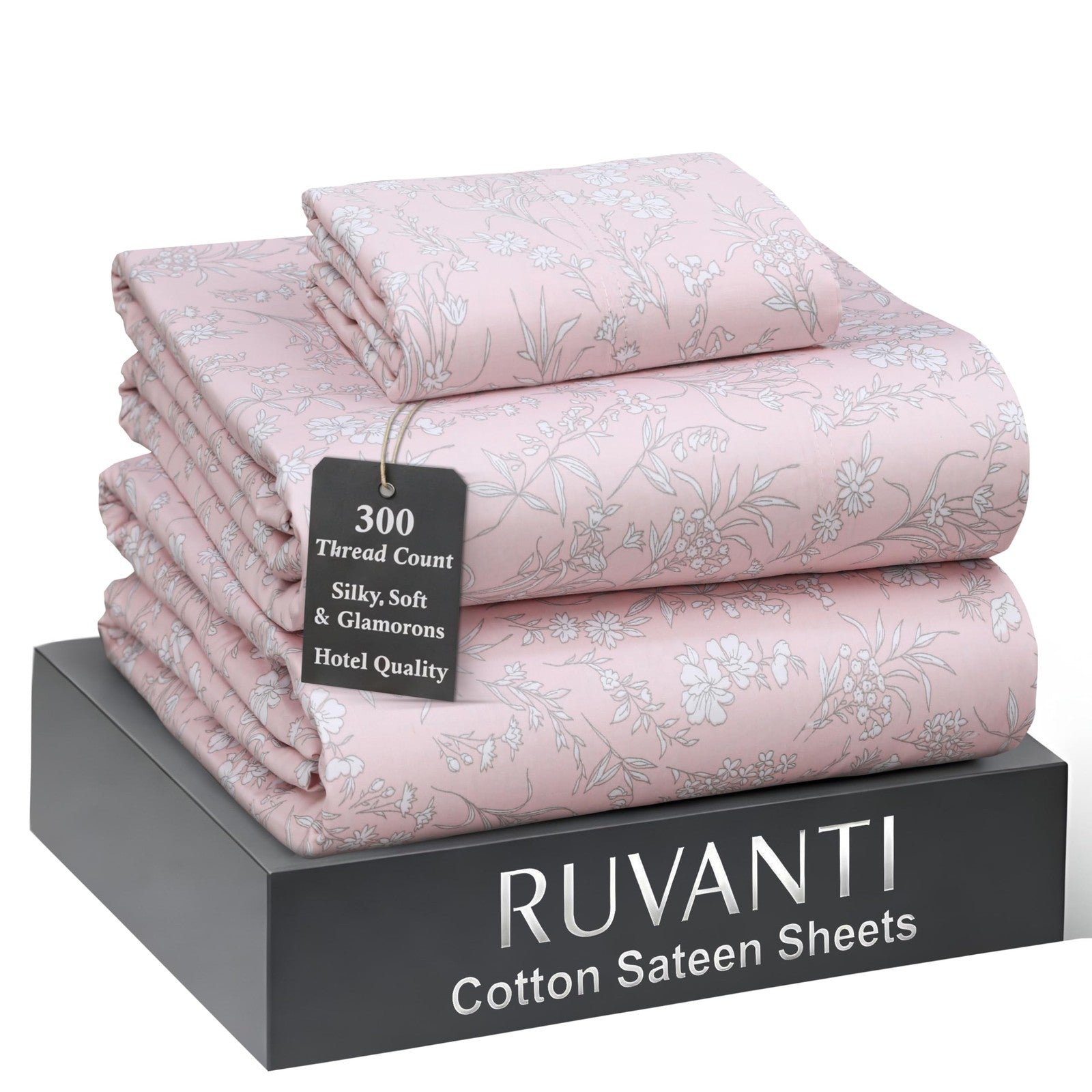 RUVANTI twin XL bed sheet set with silky soft 300TC cotton sateen, cooling and lightweight for comfortable sleep.