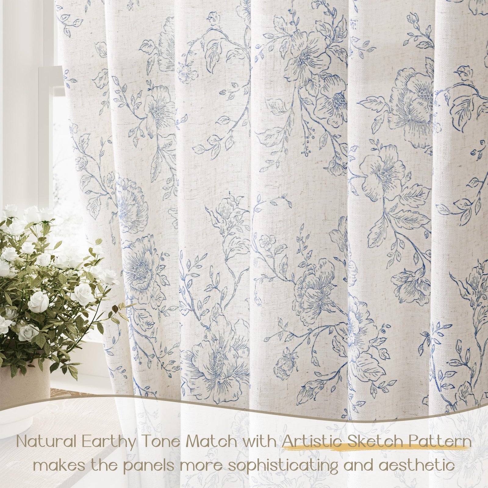 Blue floral curtains by Meikelor, 63-inch length back tab farmhouser style, filter light in living room with vibrant floral pattern.