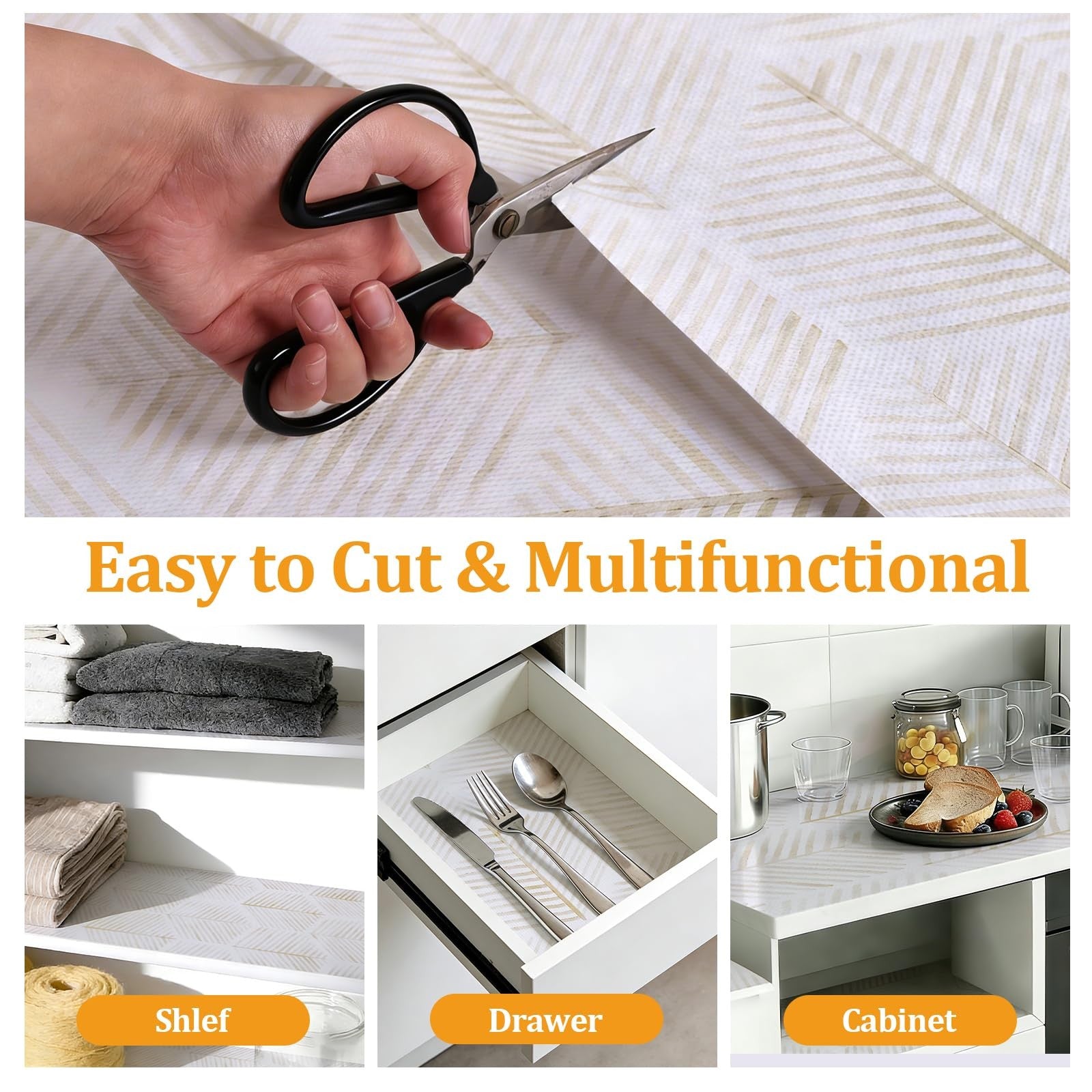 Xupingjiti drawer and shelf liner in beige for kitchen cabinets, cupboards, and pantry shelves, with textured surface for grip.