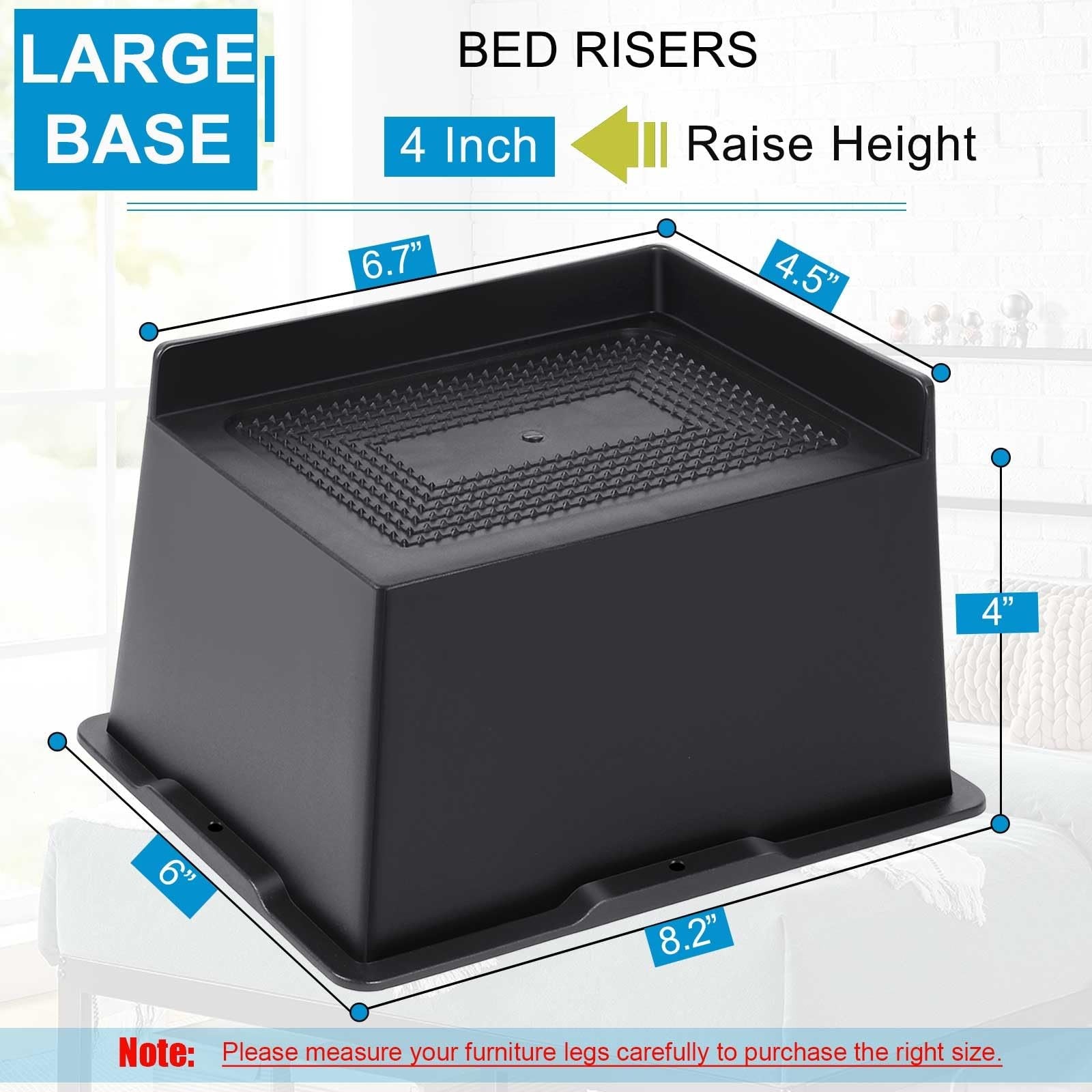 EGTTGIN 4-inch black heavy-duty bed risers supporting up to 6000 lbs, shown lifting a piece of furniture.