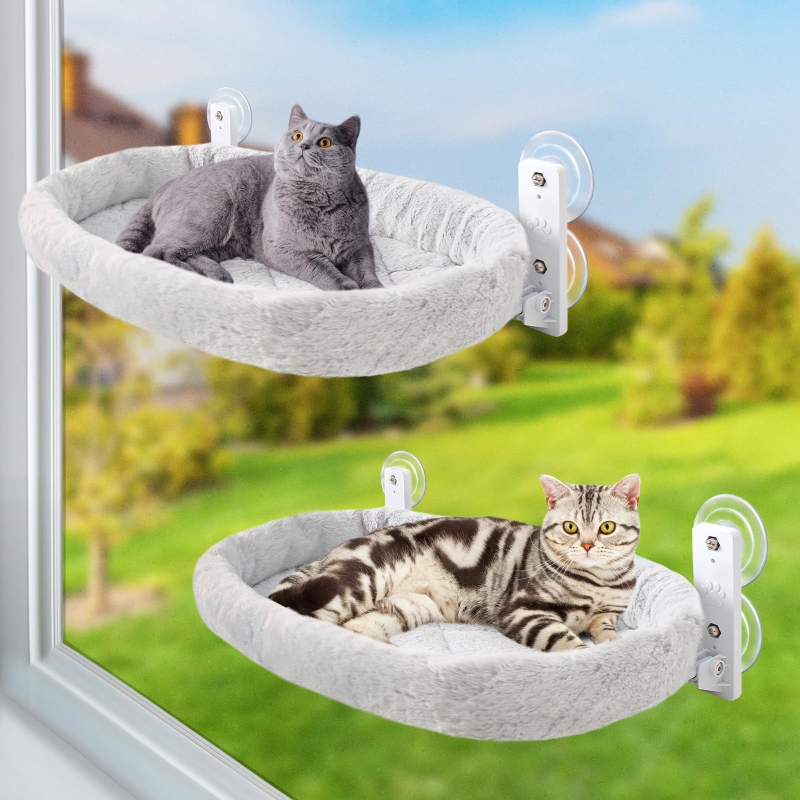 Sunhoo 2-pack cat window perch hammock with foldable sunny bed seat and suction cups, attached to a window for cozy outdoor viewing.