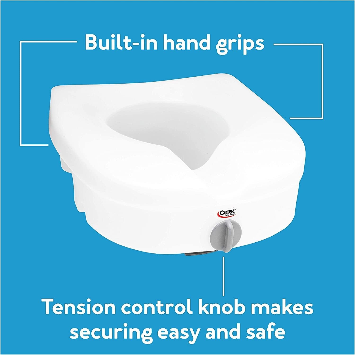 Carex E-Z Lock raised toilet seat on bathroom toilet, adding 5 inches for easier sitting and standing support.