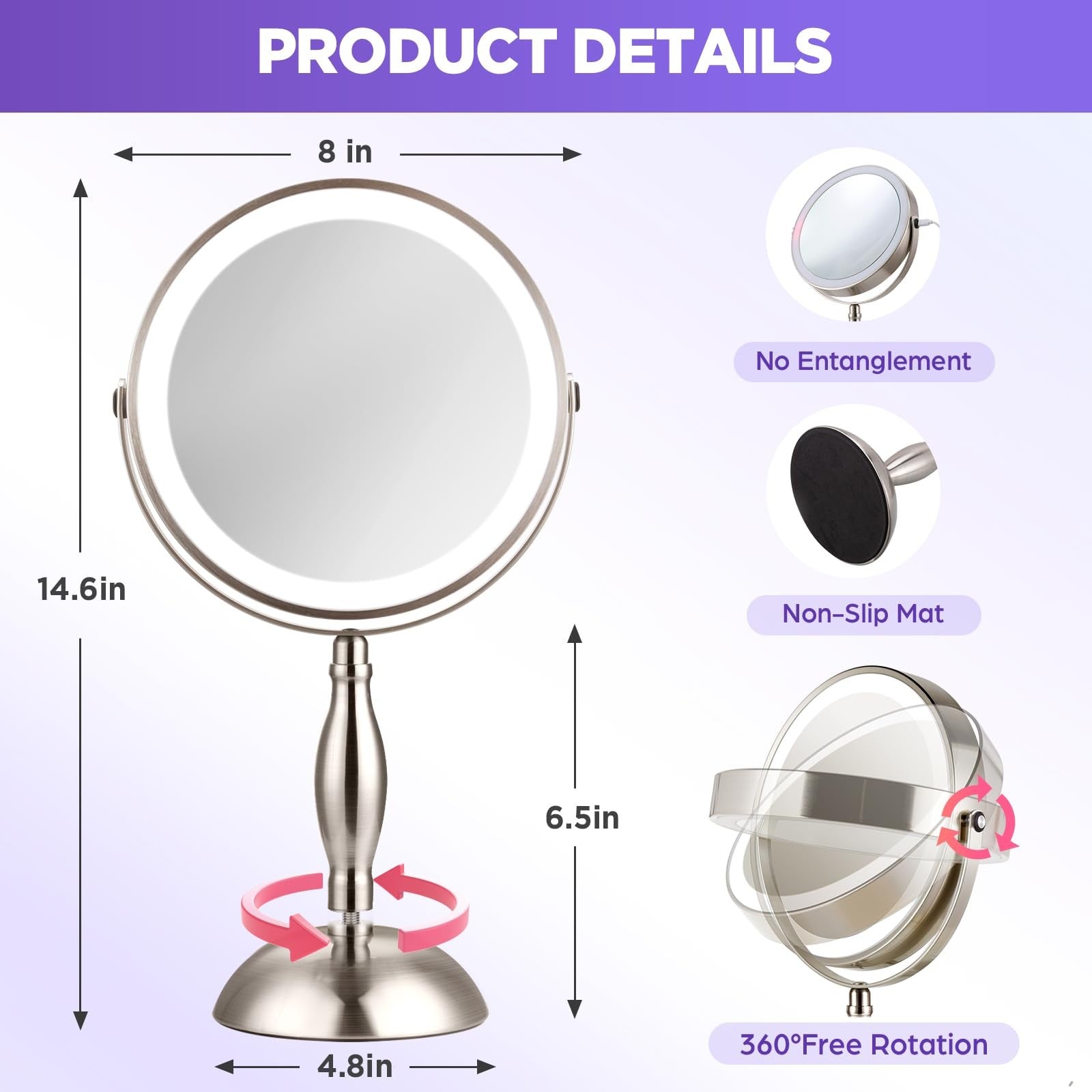 DASLAVA 20x magnifying mirror with built-in light, adjustable brightness, and three color modes, shown with reflective surface and LED lighting