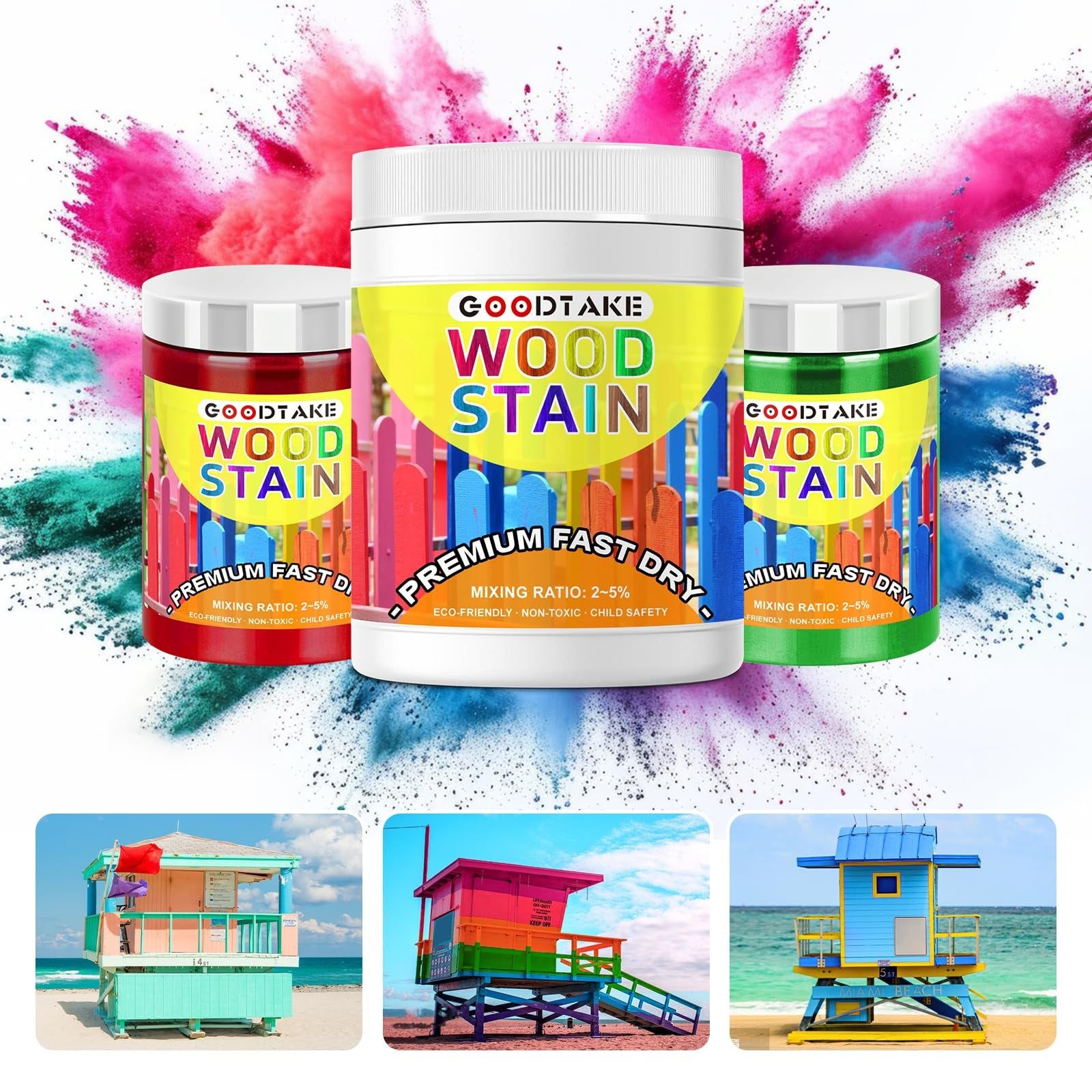 GOODTAKE vibrant red wood dye stain in 16oz container, fast-drying for indoor and outdoor furniture, shown on a wooden surface