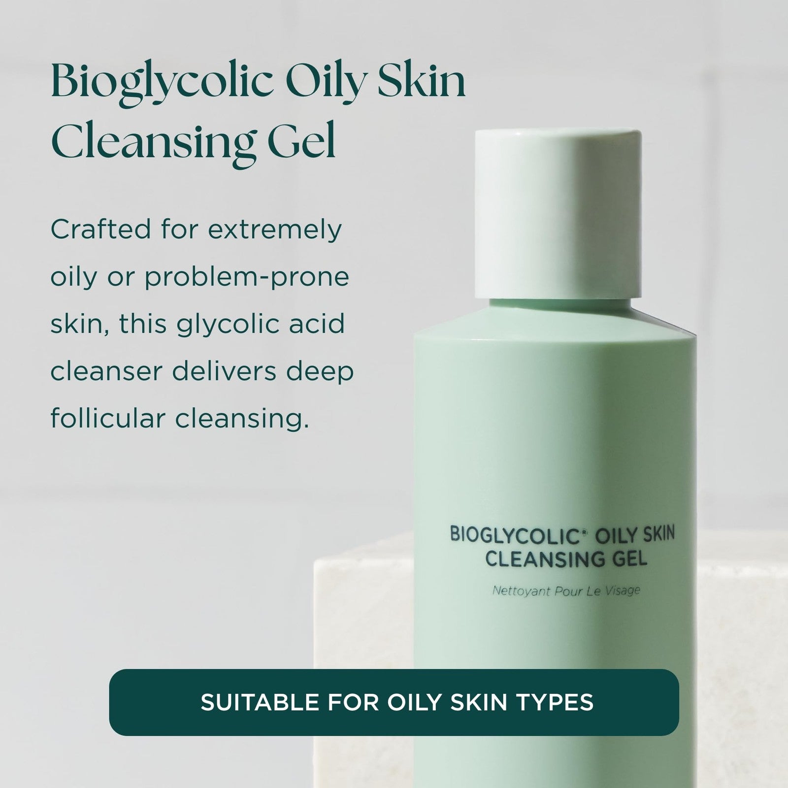 Jan Marini Bioglycolic Oily Skin Cleansing Gel with glycolic acid, showing the clear facial cleanser in a tube.
