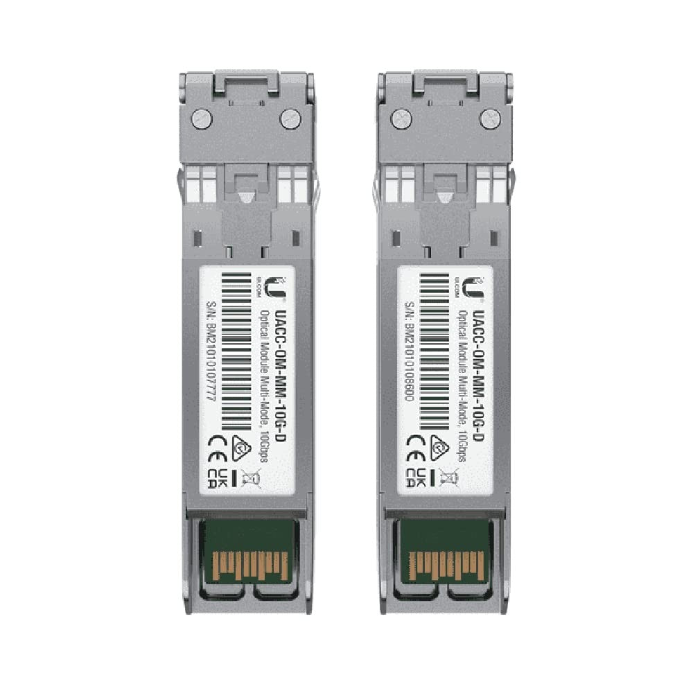 Ubiquiti Networks SFP+ module for high-speed network connections, with a compact metal case and optical port for fiber optic links.