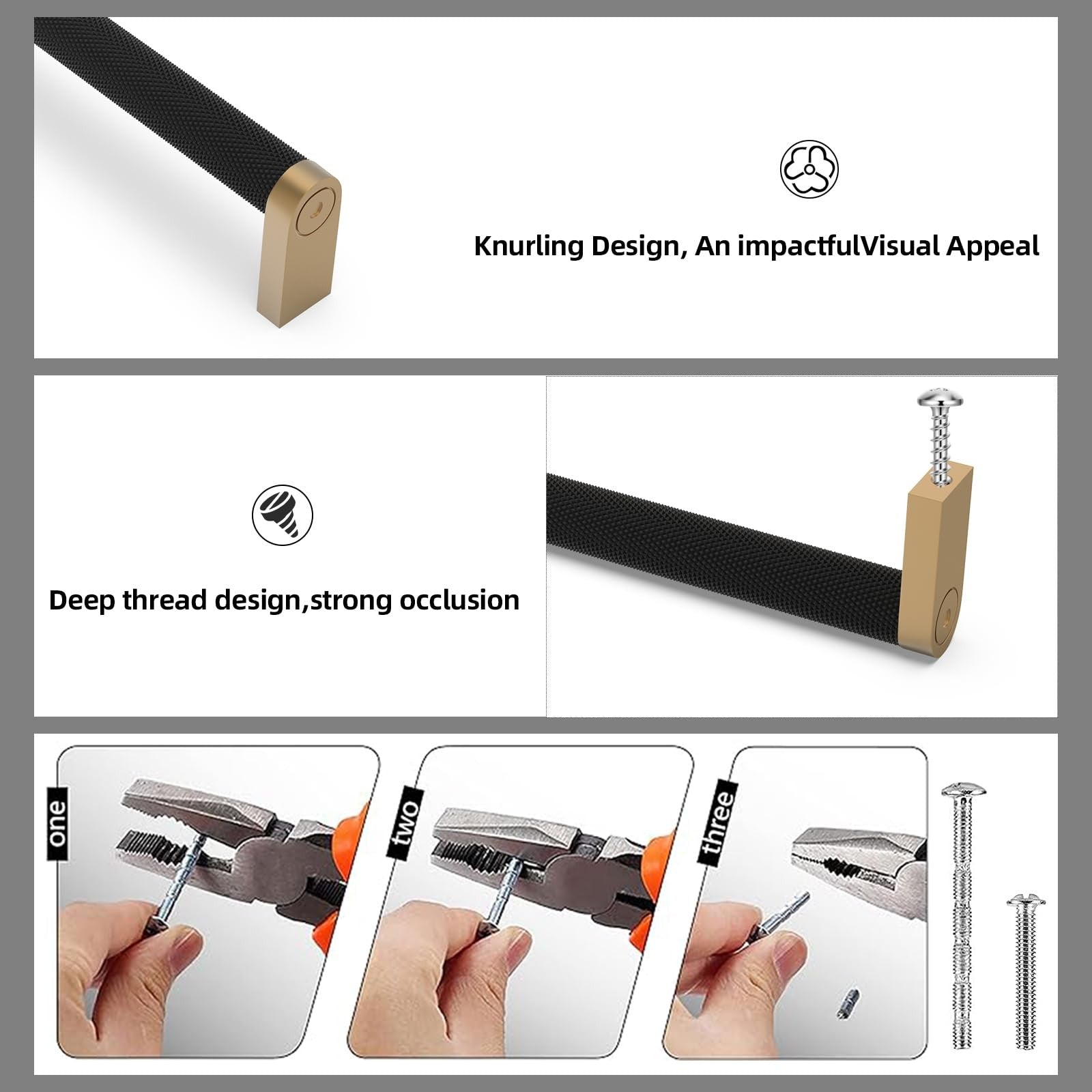 KOMOTIA 6-pack matte black and champagne bronze knurled cabinet pulls with 10-inch hole center for kitchen or bathroom cabinets.