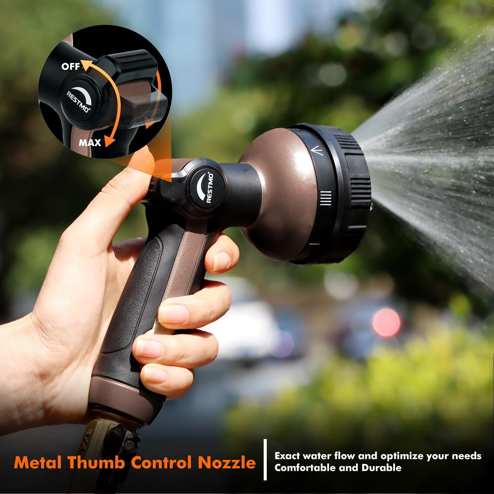 Restmo full shower hose nozzle with metal spray head and 8 spray patterns for garden watering, shown connected to a garden hose.