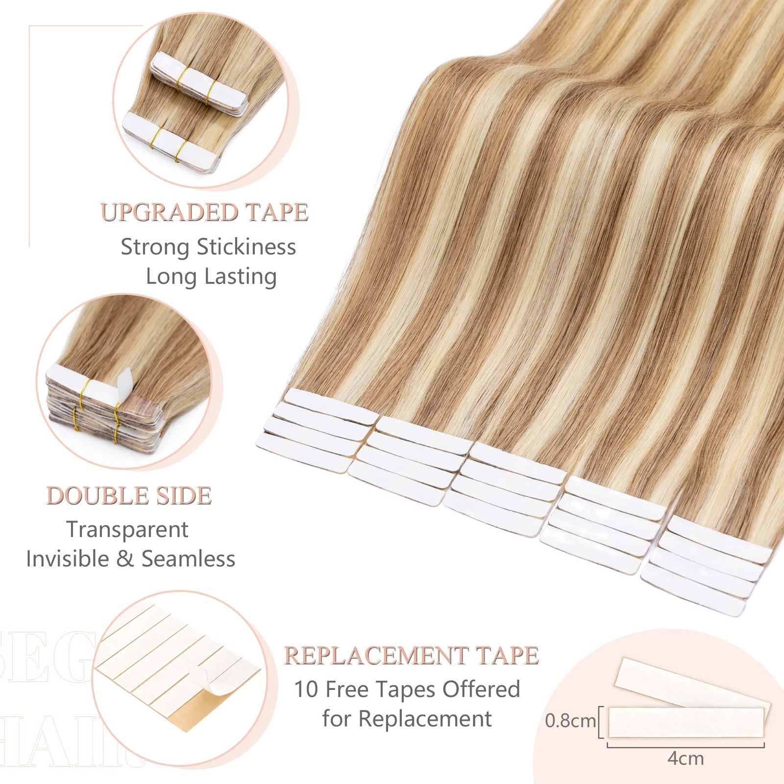 Blonde highlighted Sego tape-in human hair extensions, 20-piece set, 14-inch length, 40g weight, natural and easy to apply