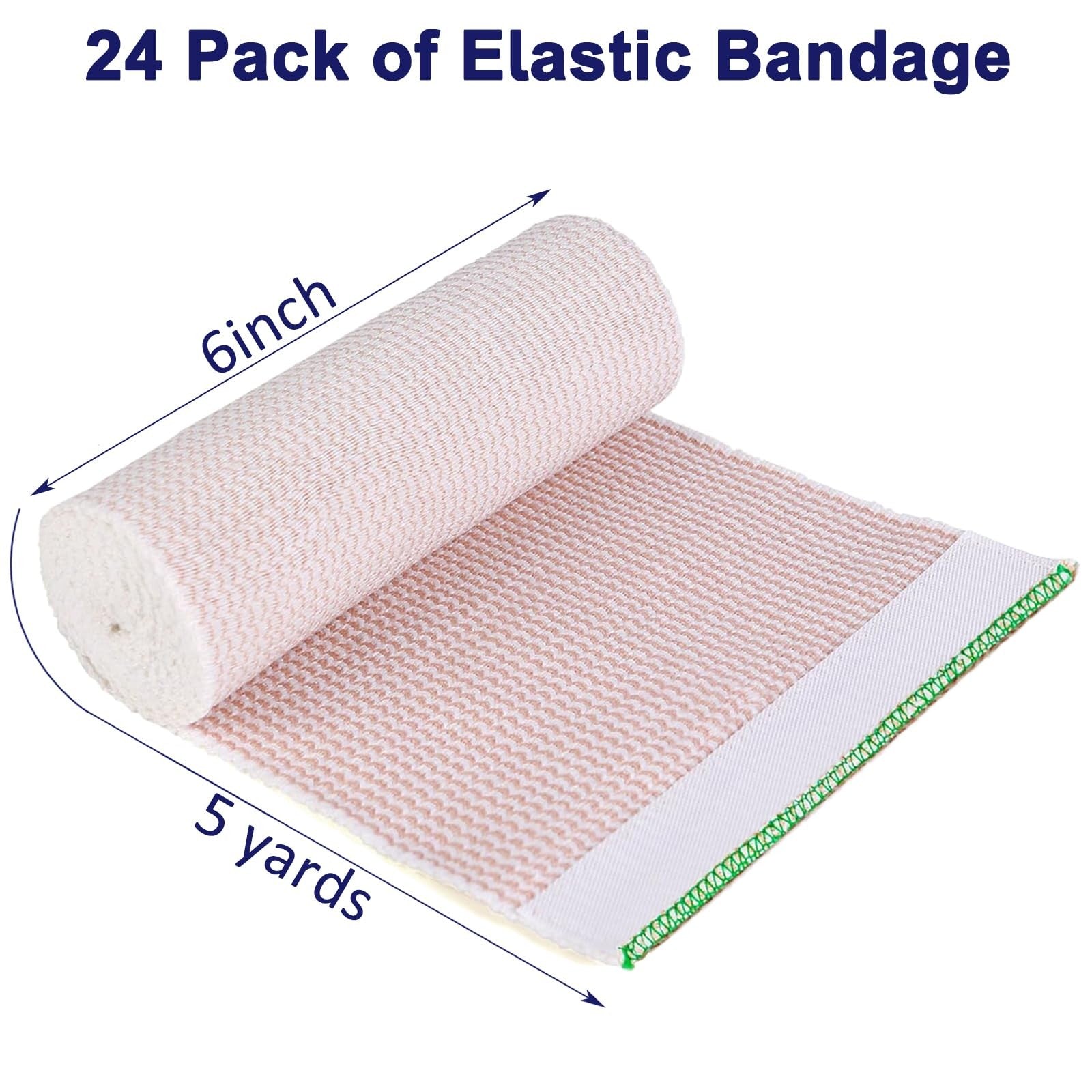 Beieverluck 24-pack 6-inch elastic bandage wraps with hook and loop closure, latex-free, 5 yards long, for medical or athletic use.