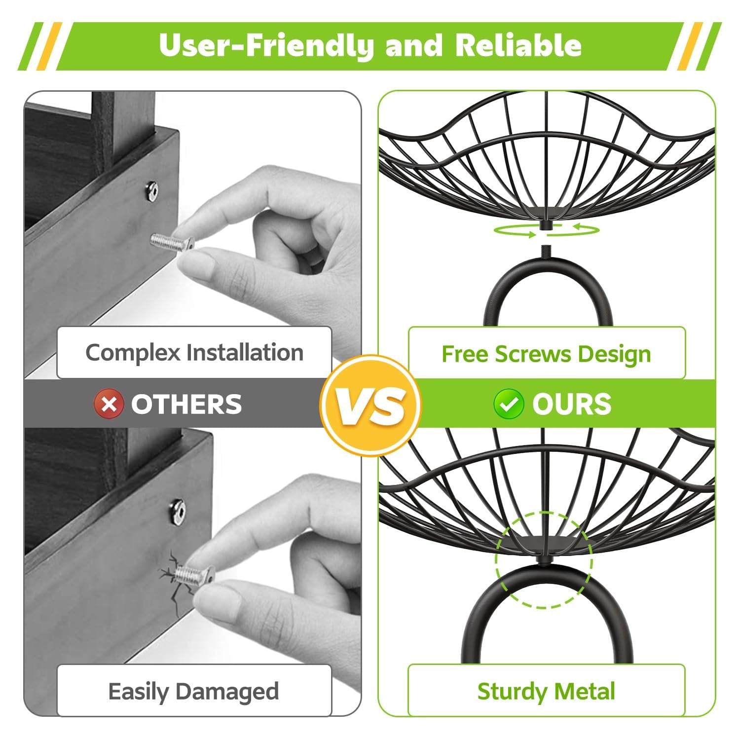PouHenier.jh 4-tier black metal fruit basket stand with removable bowls for countertop storage
