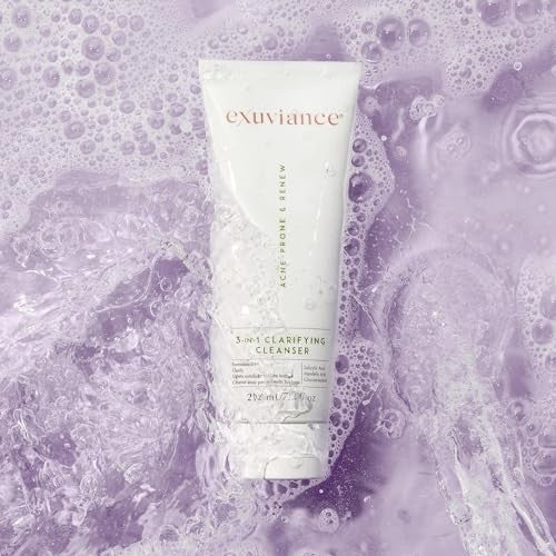 EXUVIANCE 3-in-1 Clarifying Anti-Aging Cleanser for Acne-Prone Skin with Salicylic Acid, showing the cleanser tube and ingredients.