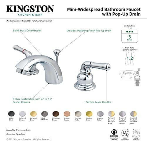 Kingston Brass Magellan II 4-8 inch mini widespread lavatory faucet with polished chrome finish and modern design.