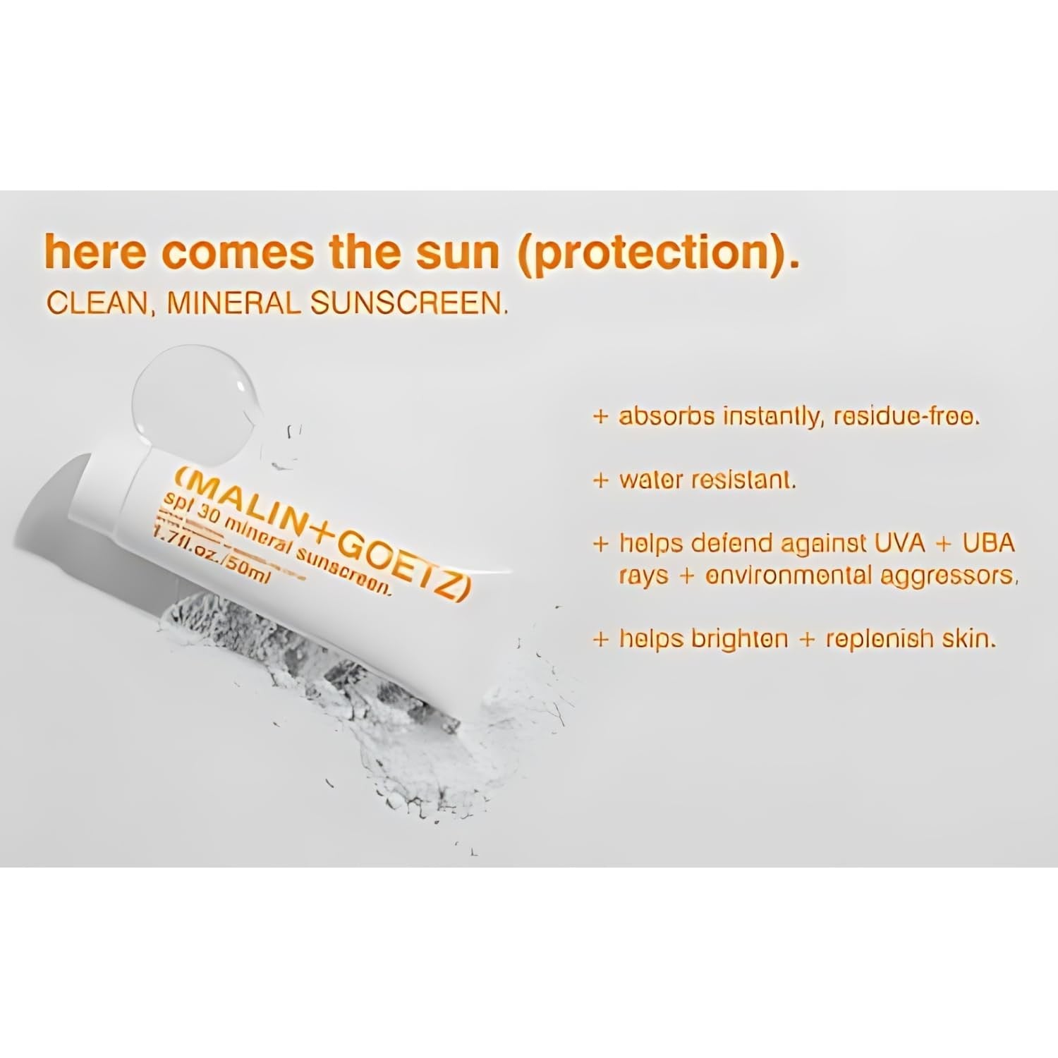 MALIN+GOETZ SPF 30 mineral sunscreen bottle with broad spectrum sun protection for face and body.
