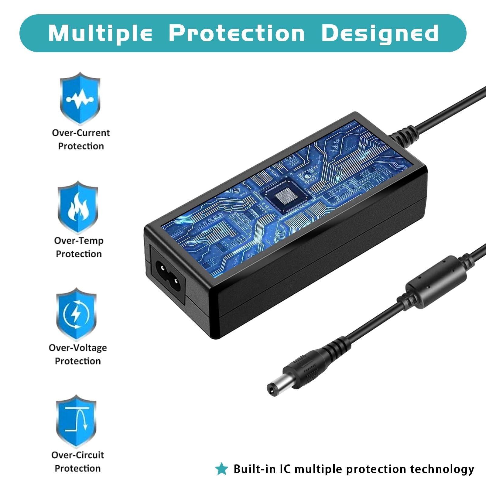 Mareisa 12V 5A security camera power supply adapter connected to CCTV security camera for reliable power.