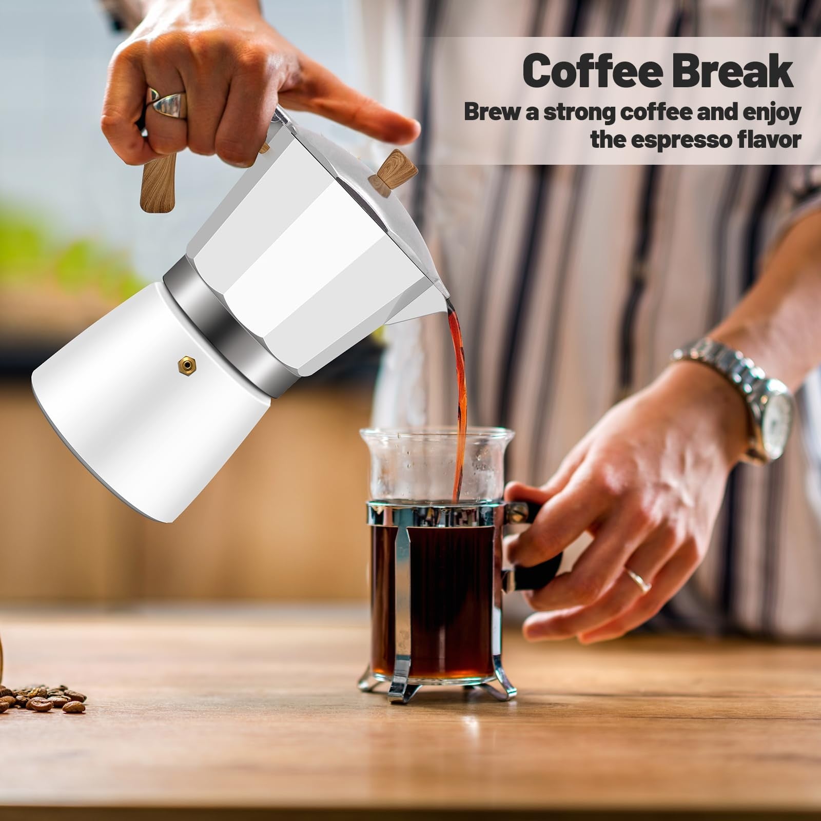 Vaolvpant 9-cup aluminum Moka pot stovetop espresso coffee maker with 450ml capacity, featuring a classic design and polished finish.